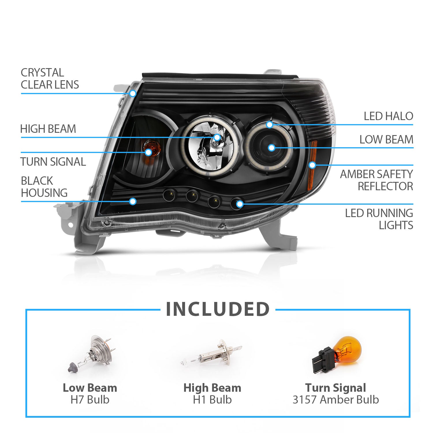 TOYOTA TACOMA 05-11 PROJECTOR HEADLIGHTS W/O CCFL BAR BLACK AMBER (RX HALO)