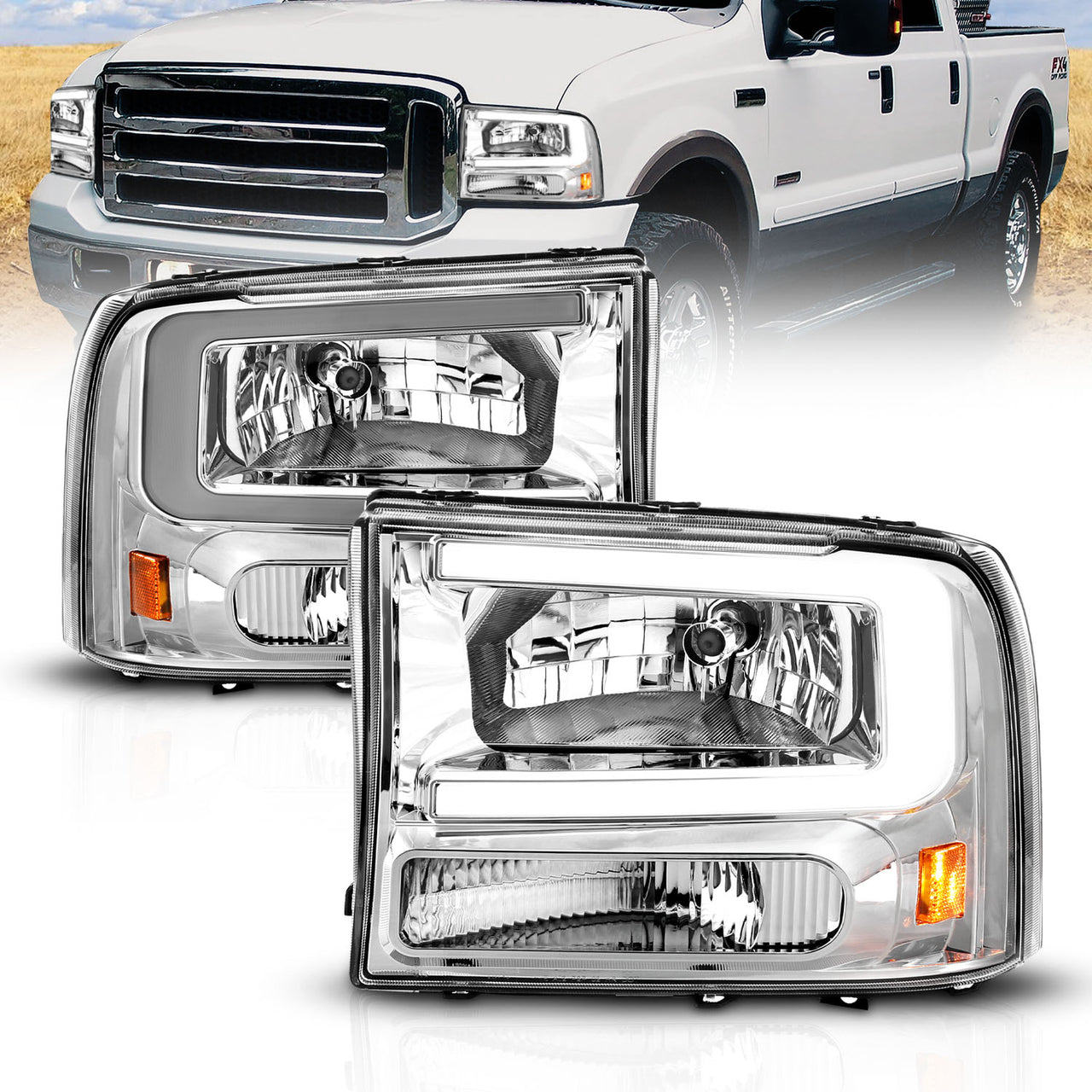 FORD EXCURSION 00-04/SUPER DUTY 99-04  HEADLIGHTS CHROME AMBER (W/ C LIGHT BAR)