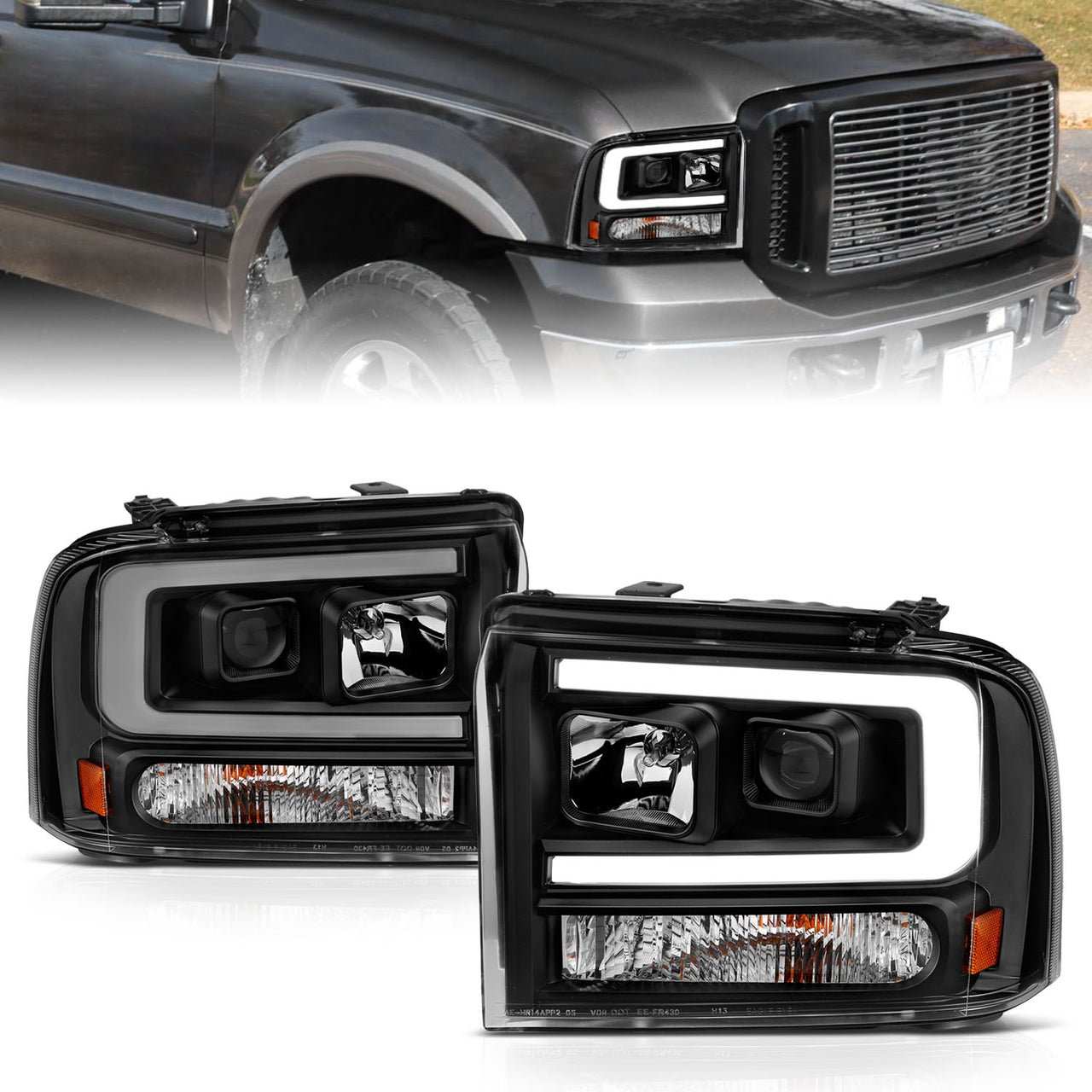 FORD F-250/350/450/550 SUPERDUTY 05-07/EXCURSION 2005 PROJECTOR HEADLIGHTS BLACK AMBER (W/ C LIGHTS BAR)