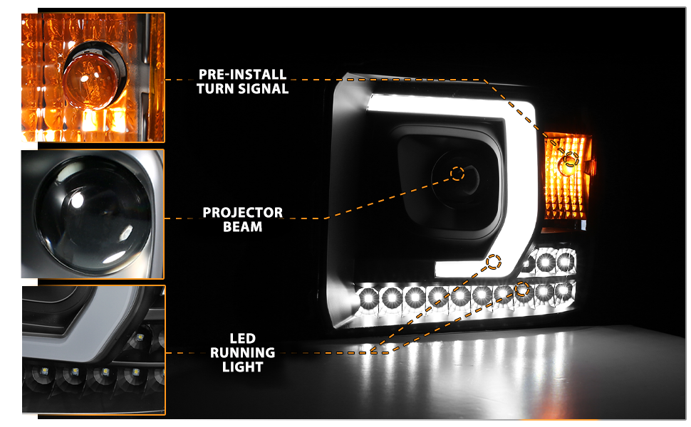 GMC SIERRA 1500 14-15 /2500HD/3500HD 15-19 PROJECTOR LIGHT BAR STYLE HEADLIGHTS BLACK W/ DRL HALOGEN TYPE MODEL W/O FACTORY DRL)