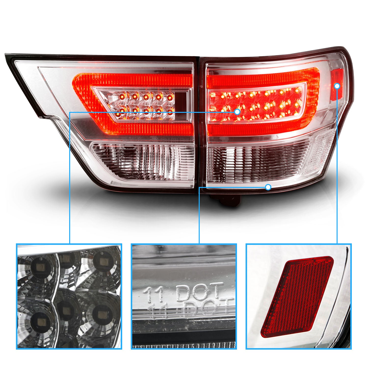 JEEP GRAND CHEROKEE 11-13 LED TAIL LIGHTS 4PCS CHROME HOUSING CLEAR LENS W/ C LIGHT BAR