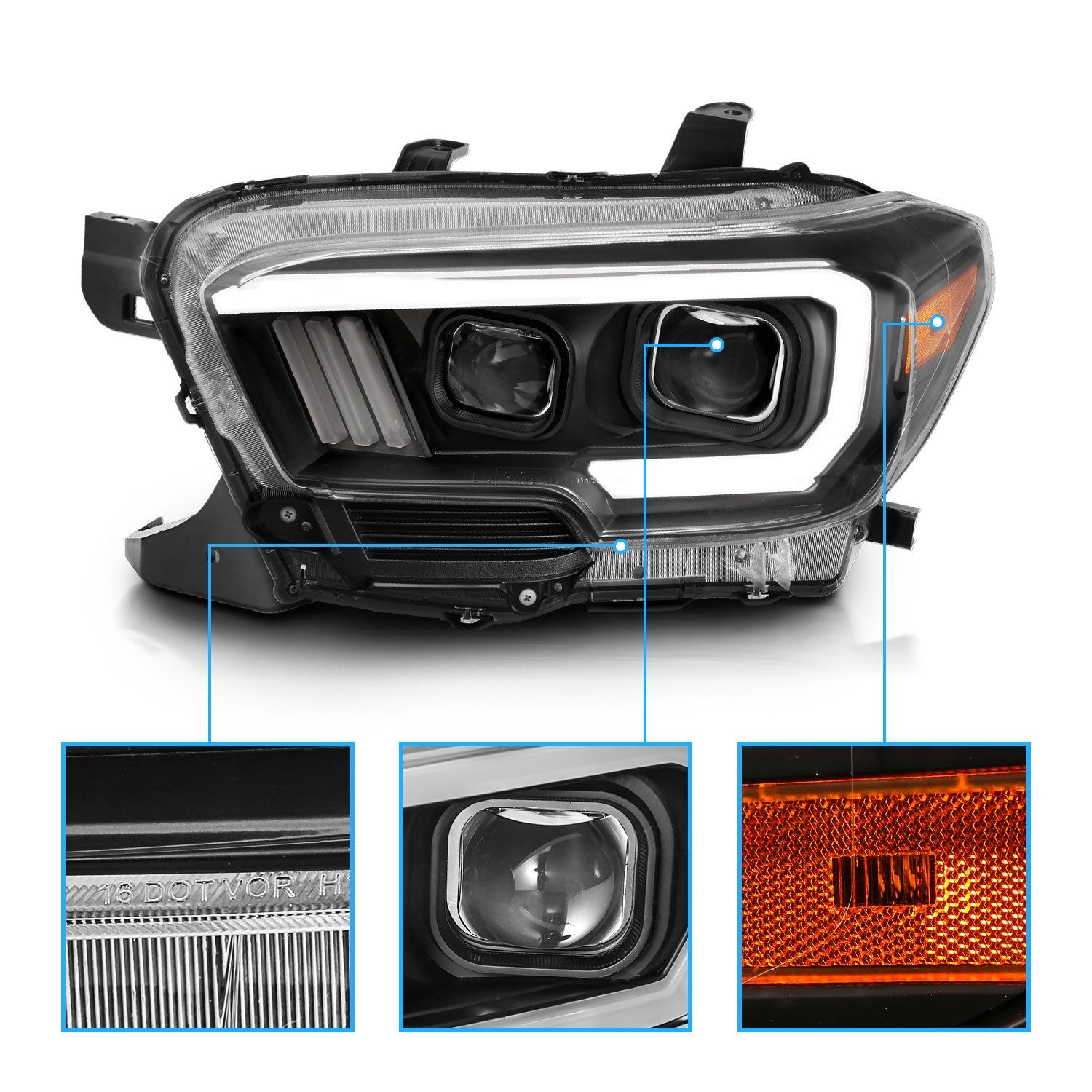TOYOTA TACOMA 16-23 PROJECTOR LIGHT BAR STYLE SWITCHBACK HEADLIGHTS BLACK AMBER (W/ DRL) (HIGH MODEL)