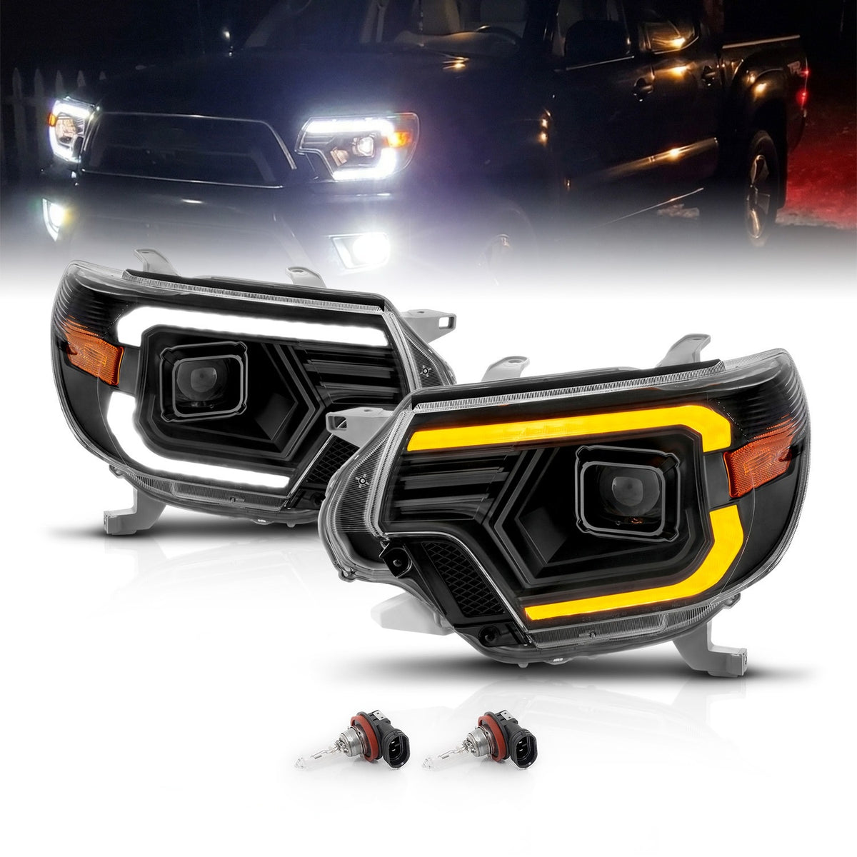 TOYOTA TACOMA 12-15  PROJECTOR SWITCHBACK HEADLIGHTS BLACK AMBER (W/ C LIGHTS BAR)