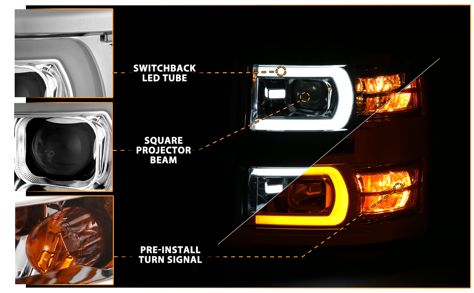 CHEVY SILVERADO 14-15 PROJECTOR SWITCHBACK HEADLIGHTS CHROME AMBER