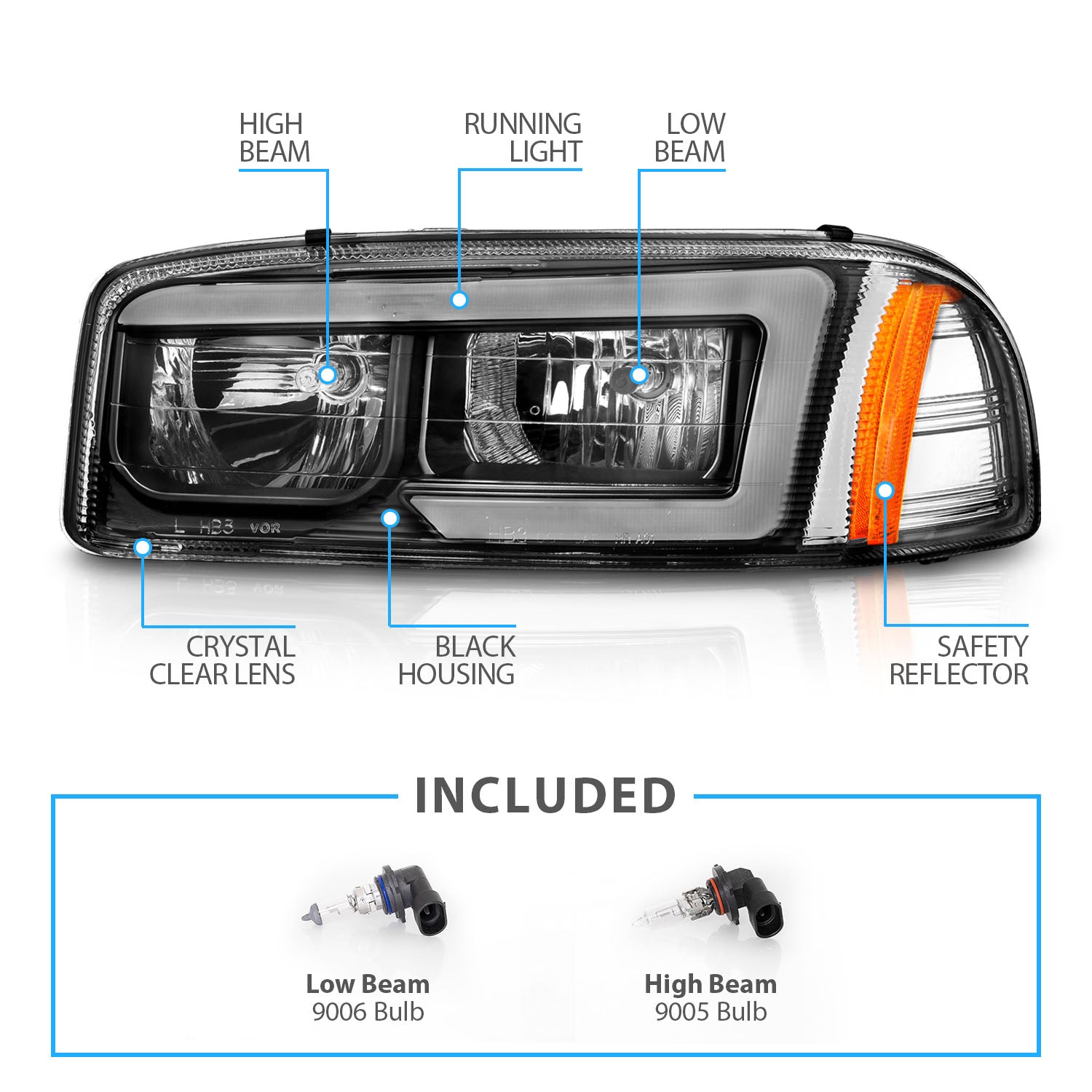 GMC SIERRA/SIERRA DENALI 99-07/SIERRA CLASSIC 2007/ YUKON/YUKON XL/YUKON DENALI 00-06 HEADLIGHTS  BLACK AMBER  (W/ C LIGHT BAR)