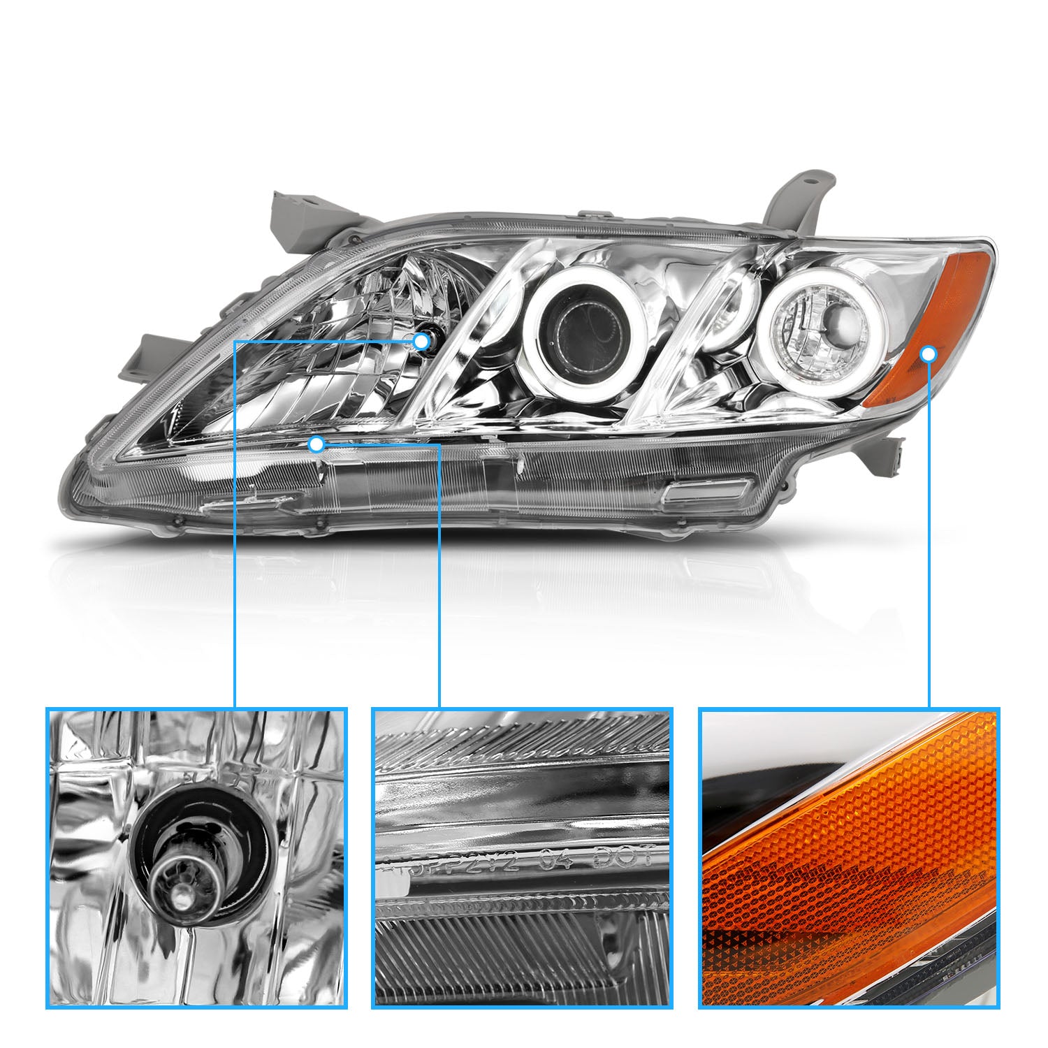 TOYOTA CAMRY 07-09 PROJECTOR HEADLIGHTS HALO CHROME CLEAR AMBER (RX HALO)