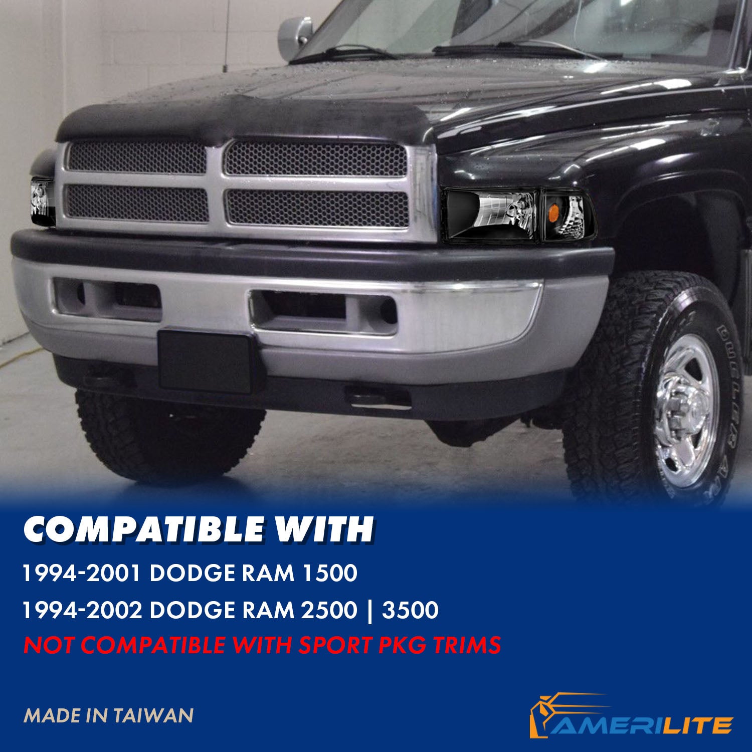 DODGE RAM 94-01 CRYSTAL HEADLIGHTS BLACK AMBER W/ CORNER LIGHTS
