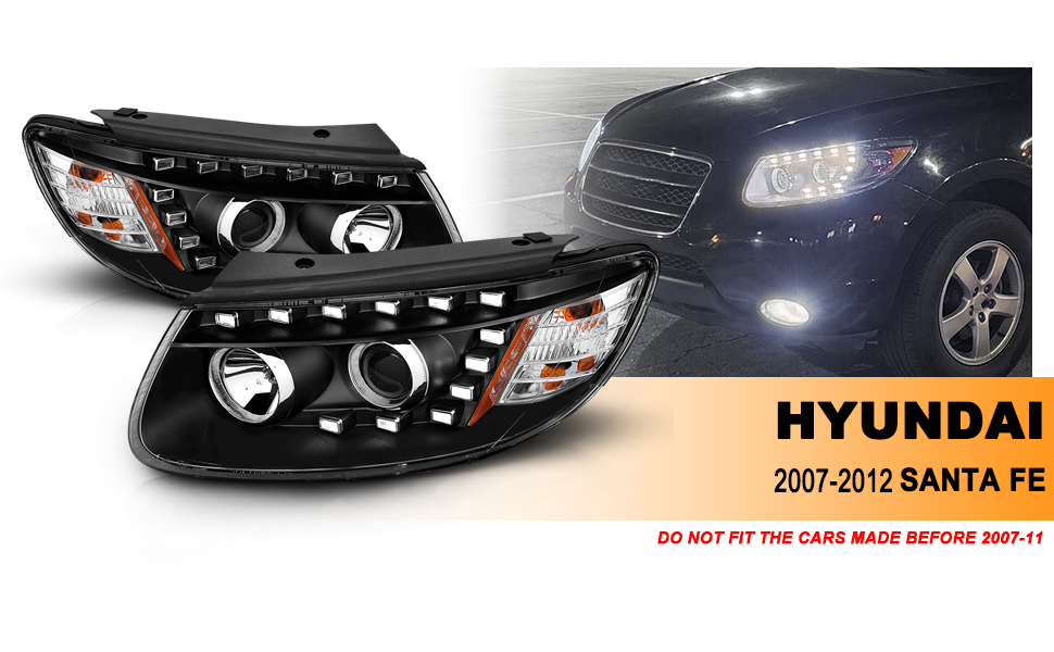 HYUNDAI SANTA FE PROJECTOR HEADLIGHTS BLACK AMBER (ONLY FITS MODELS BEFORE 7/11/2007)