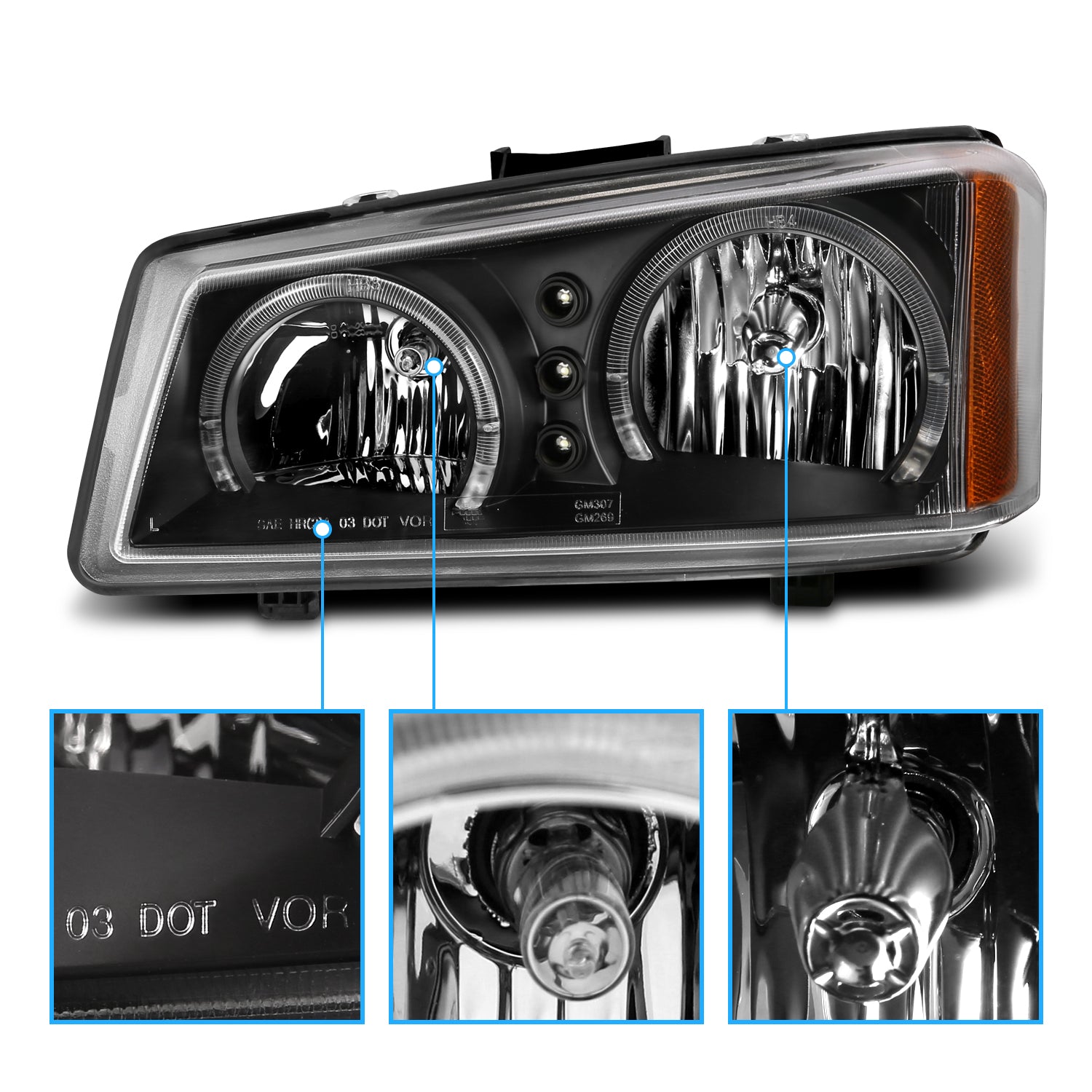 CHEVY SILVERADO 03-06 HEADLIGHTS BLACK 2 HALO W/ LED AMBER