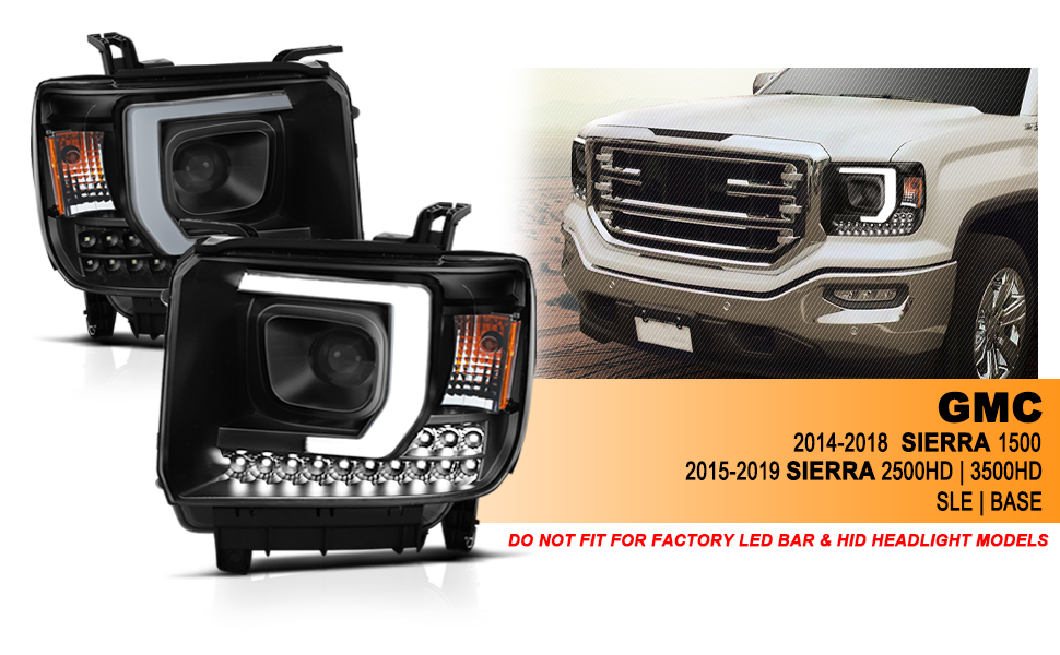 GMC SIERRA 1500 14-15 /2500HD/3500HD 15-19 PROJECTOR LIGHT BAR STYLE HEADLIGHTS BLACK W/ DRL HALOGEN TYPE MODEL W/O FACTORY DRL)