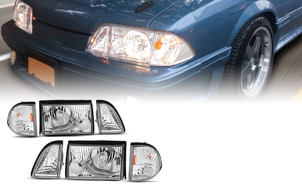 FORD MUSTANG 87-93 CRYSTAL HEADLIGHTS CHROME SET W/ CORNER & PARKING