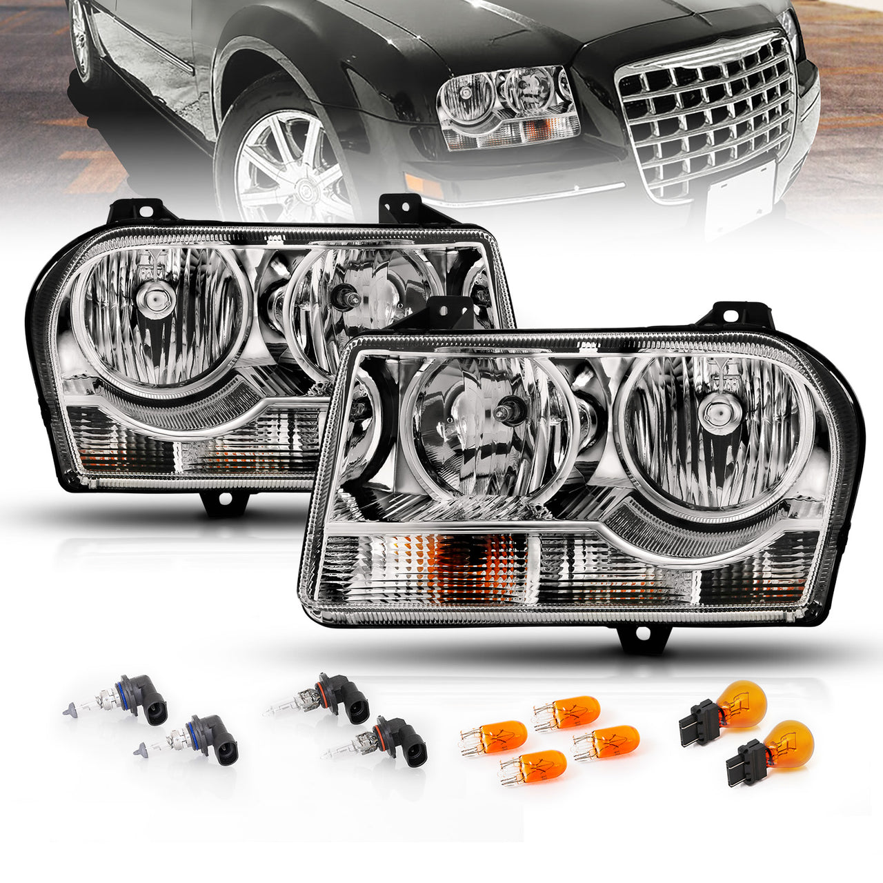 CHRYSLER 300 05-UP CRYSTAL HEADLIGHTS CHROME AMBER