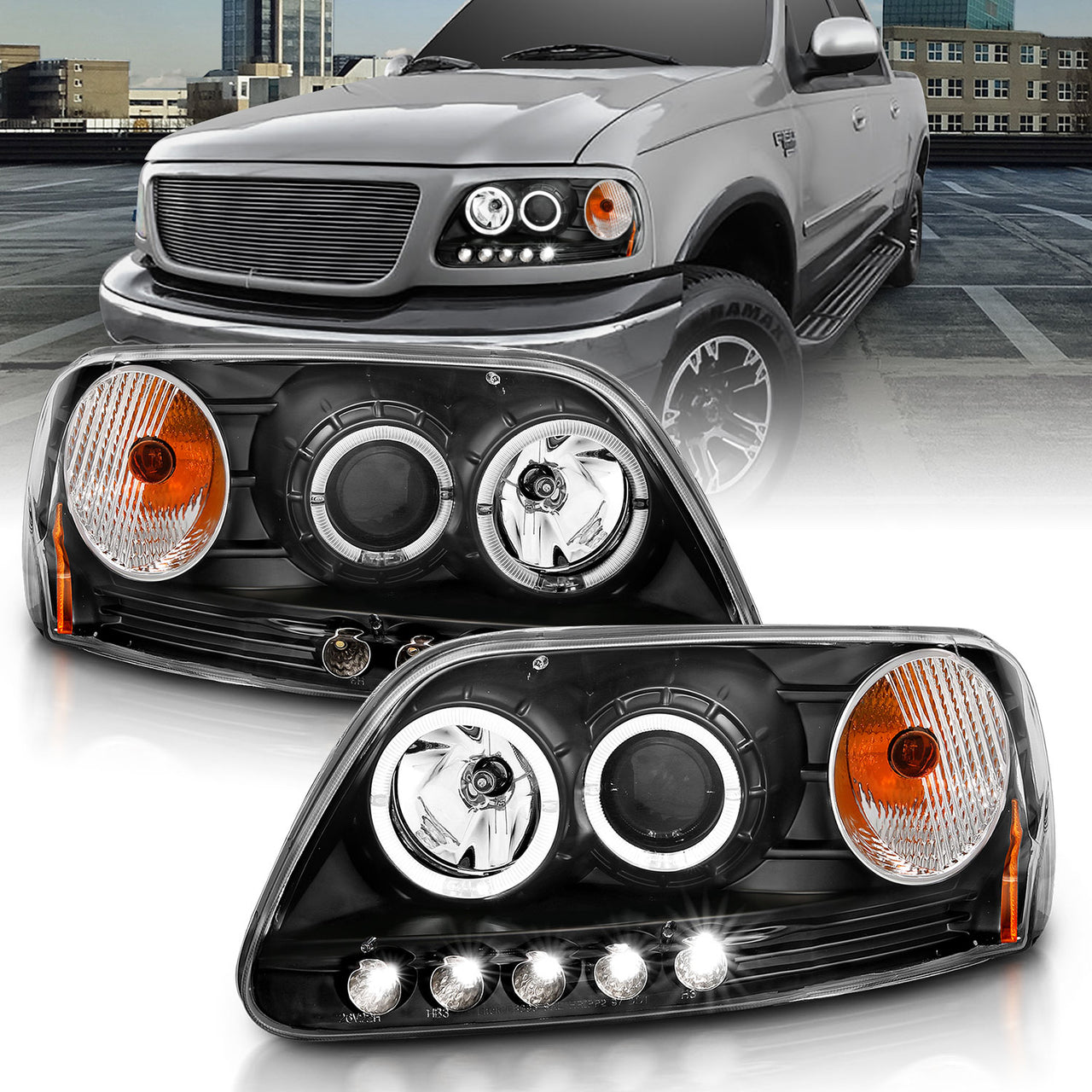 FORD F-150 97-04 (01-04: XL/XLT/LARIAT MODEL: W/O STX OR HERITAGE EDITION) PROJECTOR HEADLIGHTS HALO LED BLACK CLEAR AMBER