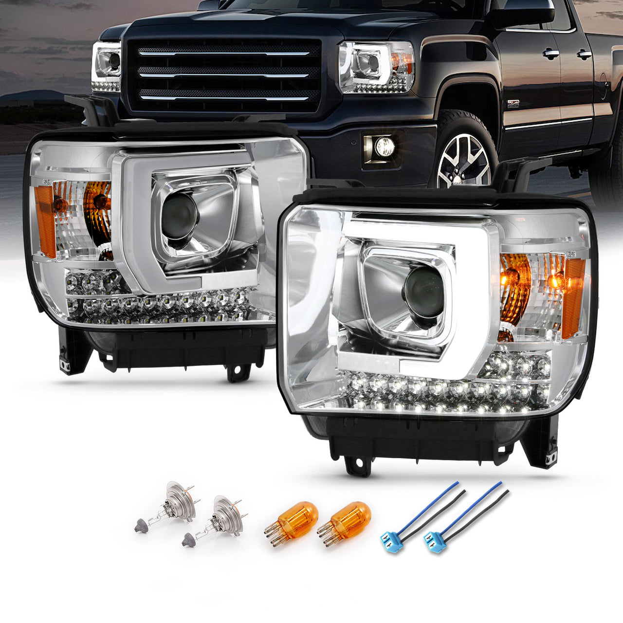 GMC SIERRA 1500嚙?4-15/2500HD/3500HD 15-19 PROJECTOR嚙?LIGHT BAR STYLE HEADLIGHTS CHROME W/ DRL嚙?HALOGEN TYPE MODEL W/O FACTORY DRL)