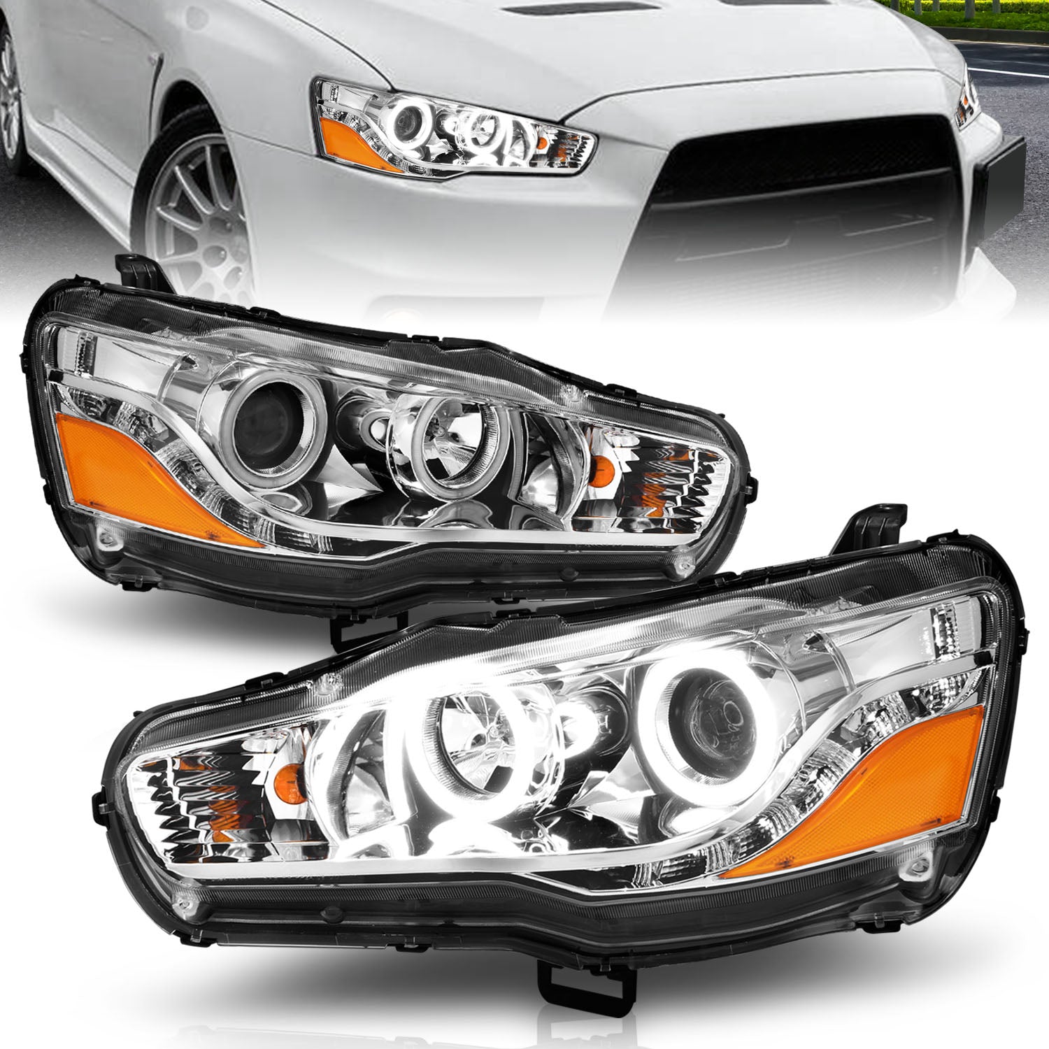 MITSUBISHI LANCER 08-15 PROJECTOR HEADLIGHTS HALO CHROME CLEAR AMBER (RX HALO)