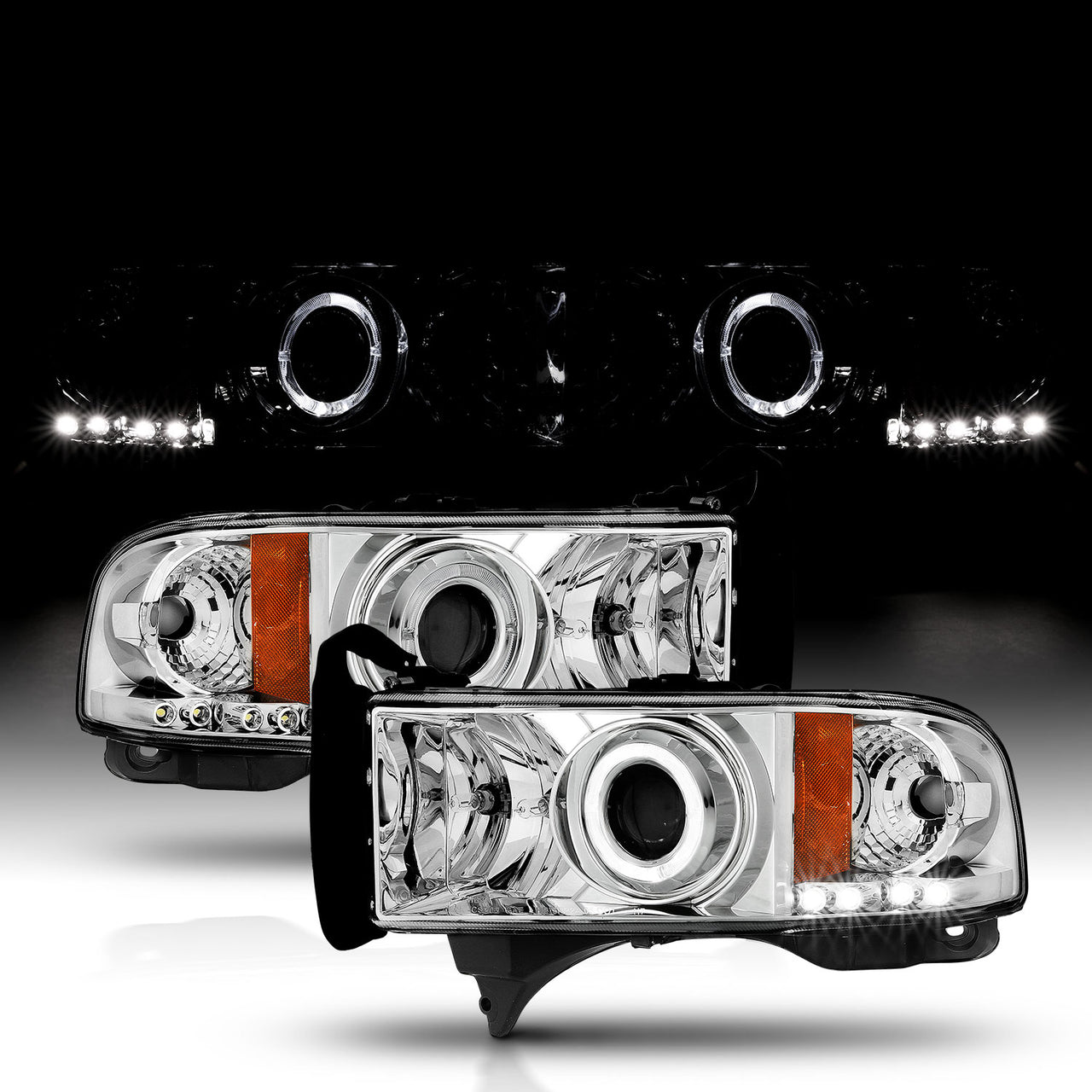 DODGE RAM 94-01 PROJECTOR HEADLIGHTS HALO CHROME CLEAR AMBER