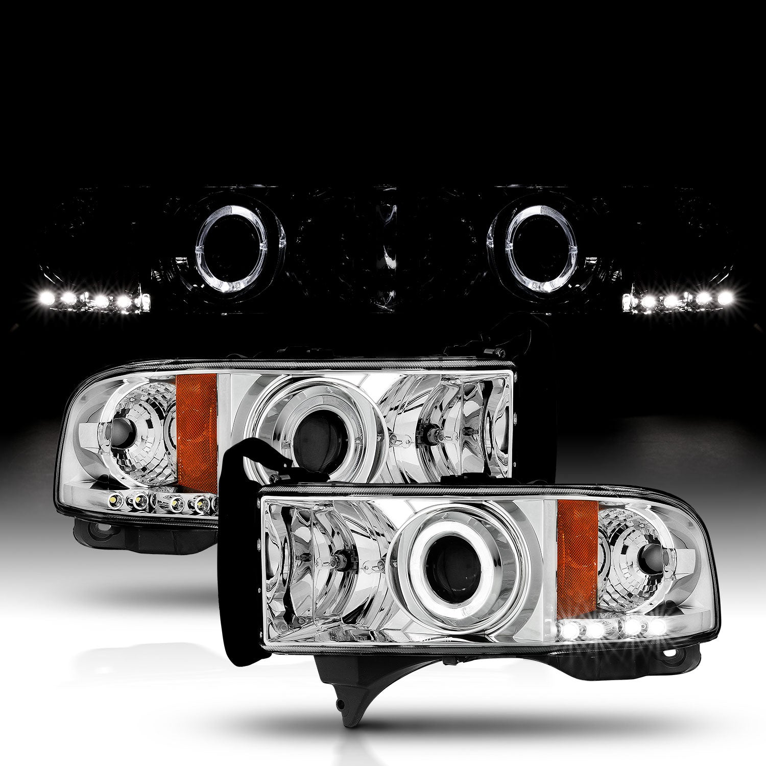 DODGE RAM 94-01 PROJECTOR HEADLIGHTS HALO CHROME CLEAR AMBER