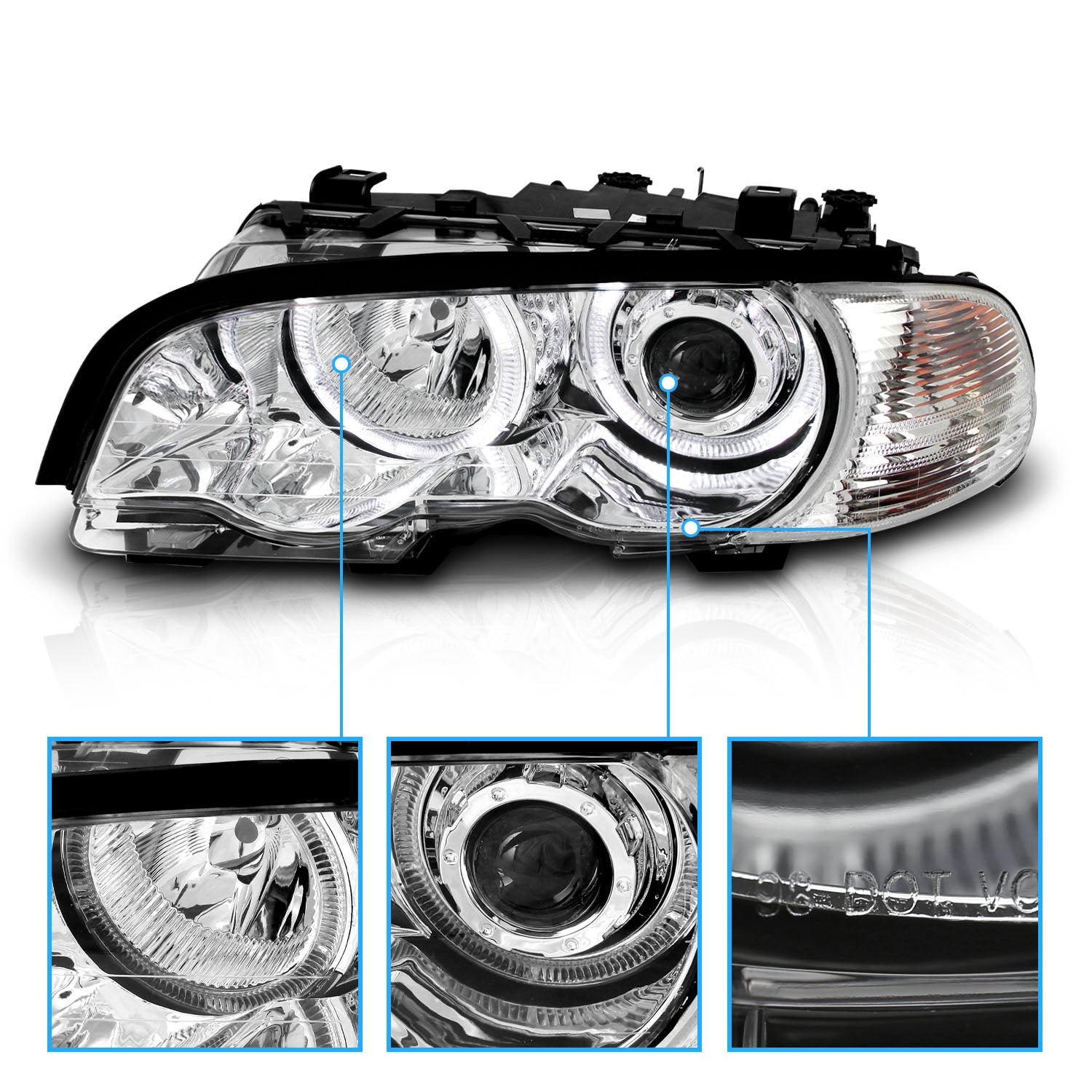 BMW 3 SERIES E46 (M3) 99-01 2DR PROJECTOR HEADLIGHTS W/ CORNER LIGHTS HALO CHROME CLEAR