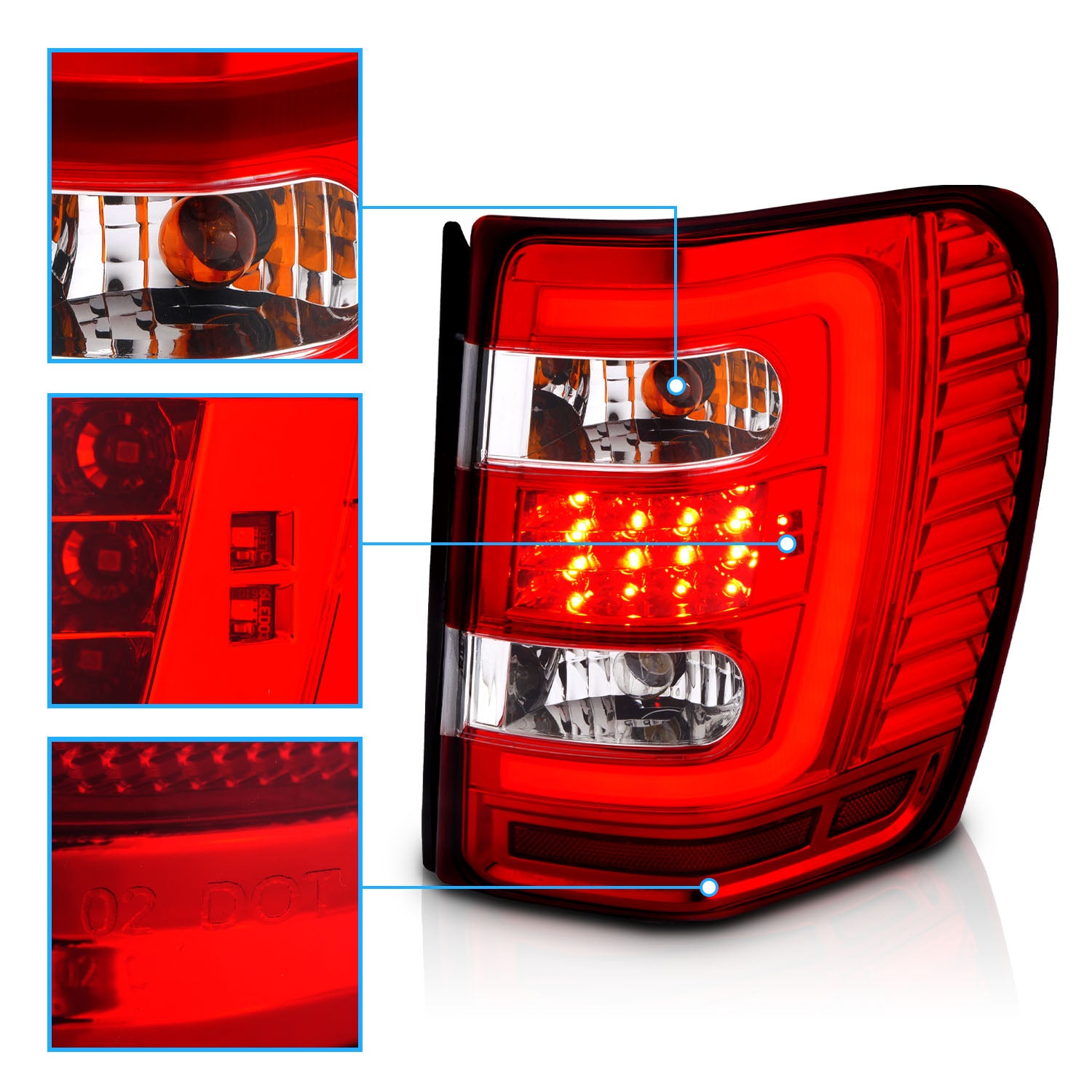 JEEP GRAND CHEROKEE 99-04 LED TAIL LIGHTS RED/CLEAR W/ C LIGHT BAR