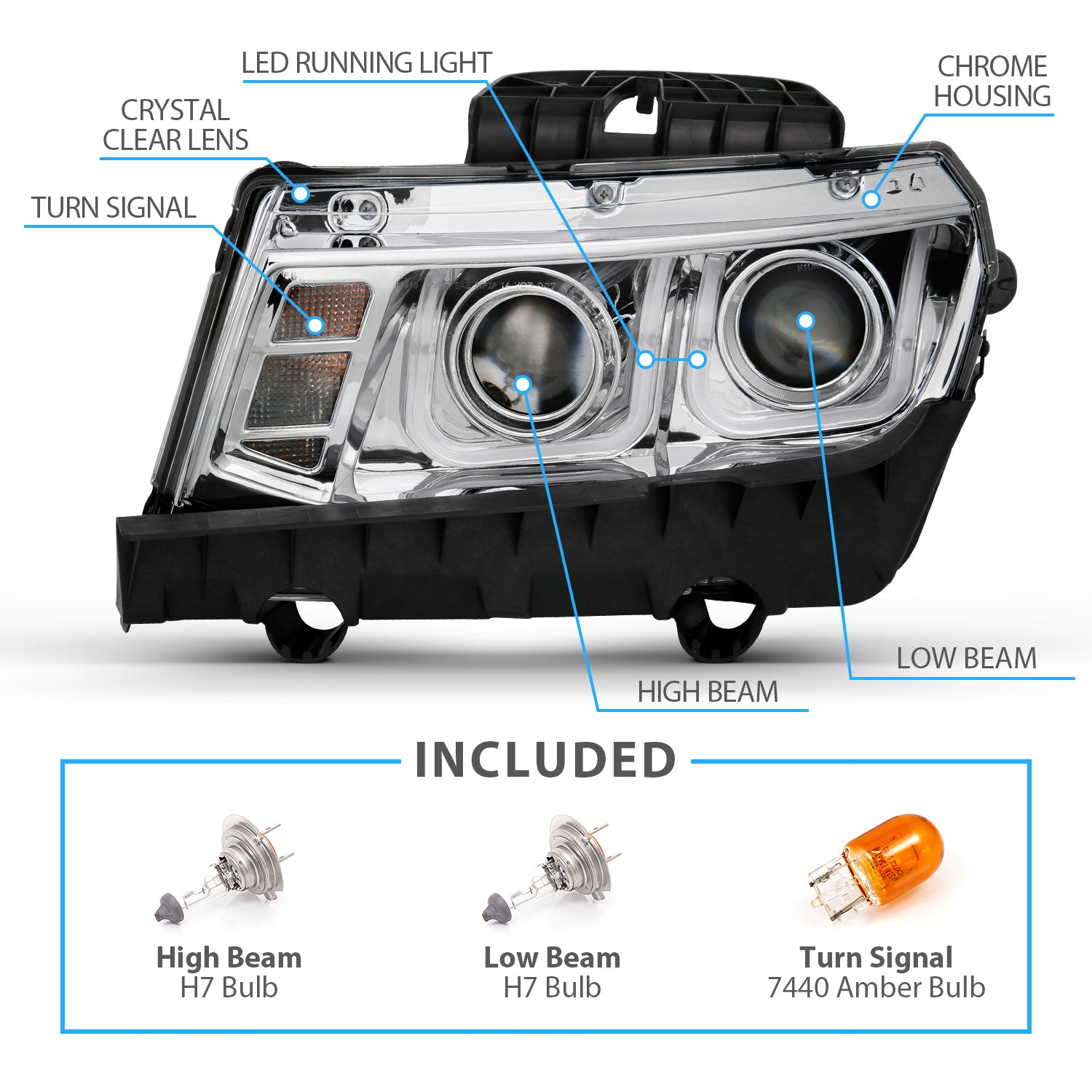 CHEVY CAMARO 14-15 PROJECTOR HEADLIGHTS U-BAR STYLE CHROME CLEAR