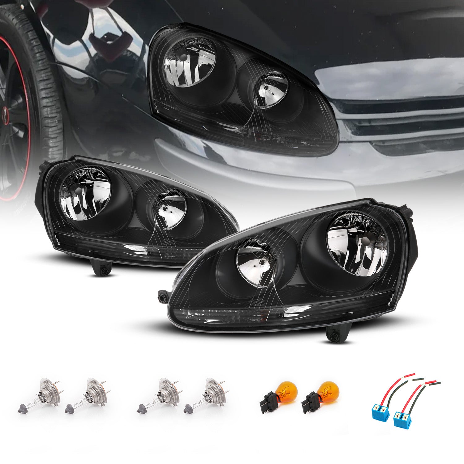 VOLKSWAGEN US RABBIT 06-09 / JETTA 05-10 / CANADA GTi 06-09 BLACK HEADLIGHTS (HALOGEN ONLY)