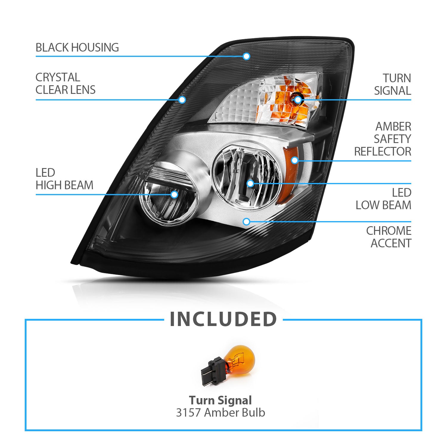 VOLVO VNX/VLN  15-16  LED H.L CHROME AMBER  (LEFT) (VNX 300,430, 630/VNL 300,430,630,670,730,780)