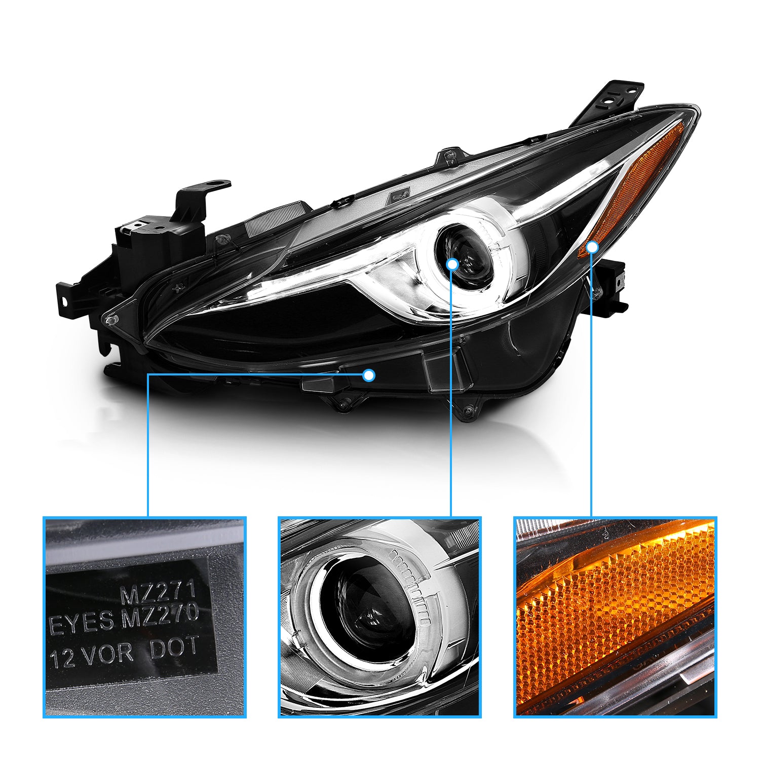 MAZDA 3 14-15 4DR PROJECTOR HEADLIGHTS WHITE PLUS LED HALO BLACK AMBER