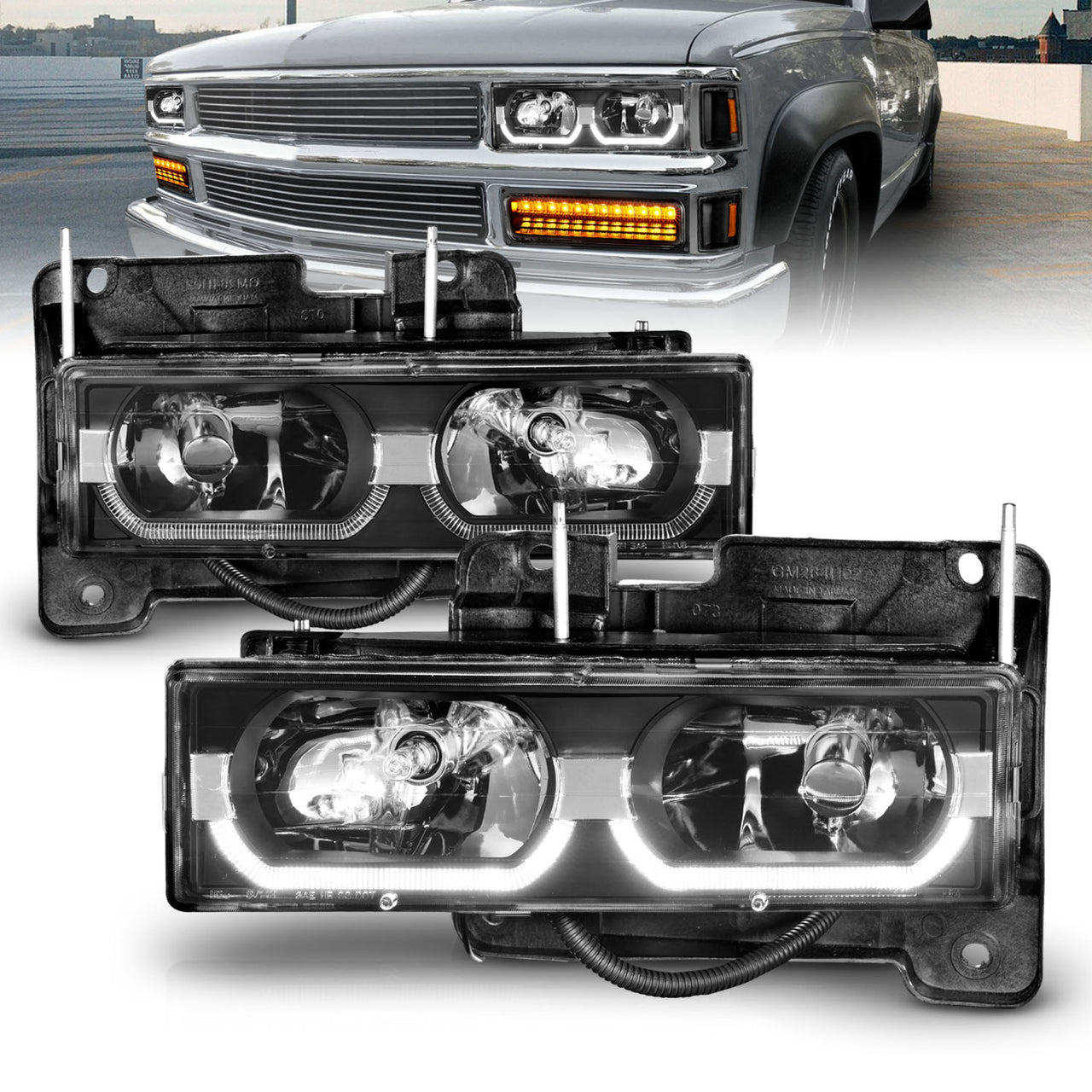 CHEVY FULLSIZE 88-98 LOW-BROW STYLE CRYSTAL HEADLIGHTS BLACK CLEAR