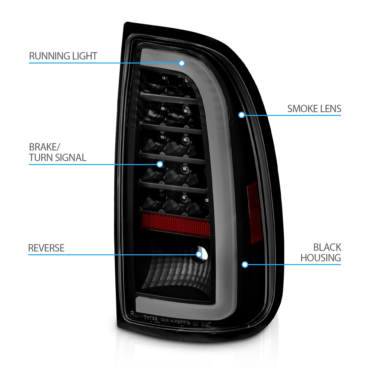 TOYOTA TUNDRA 00-06 LED TAIL LIGHTS BLACK HOUSING SMOKE LENS W/ C LIGHT BAR (STD BED REGULAR CAB, ACCESS CAB)