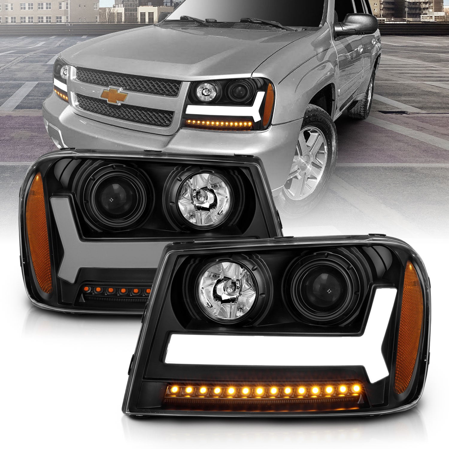 CHEVY TRAILBLAZER 06-09 LT / 08 LS PROJECTOR LIGHT BAR STYLE HEADLIGHTS BLACK AMBER