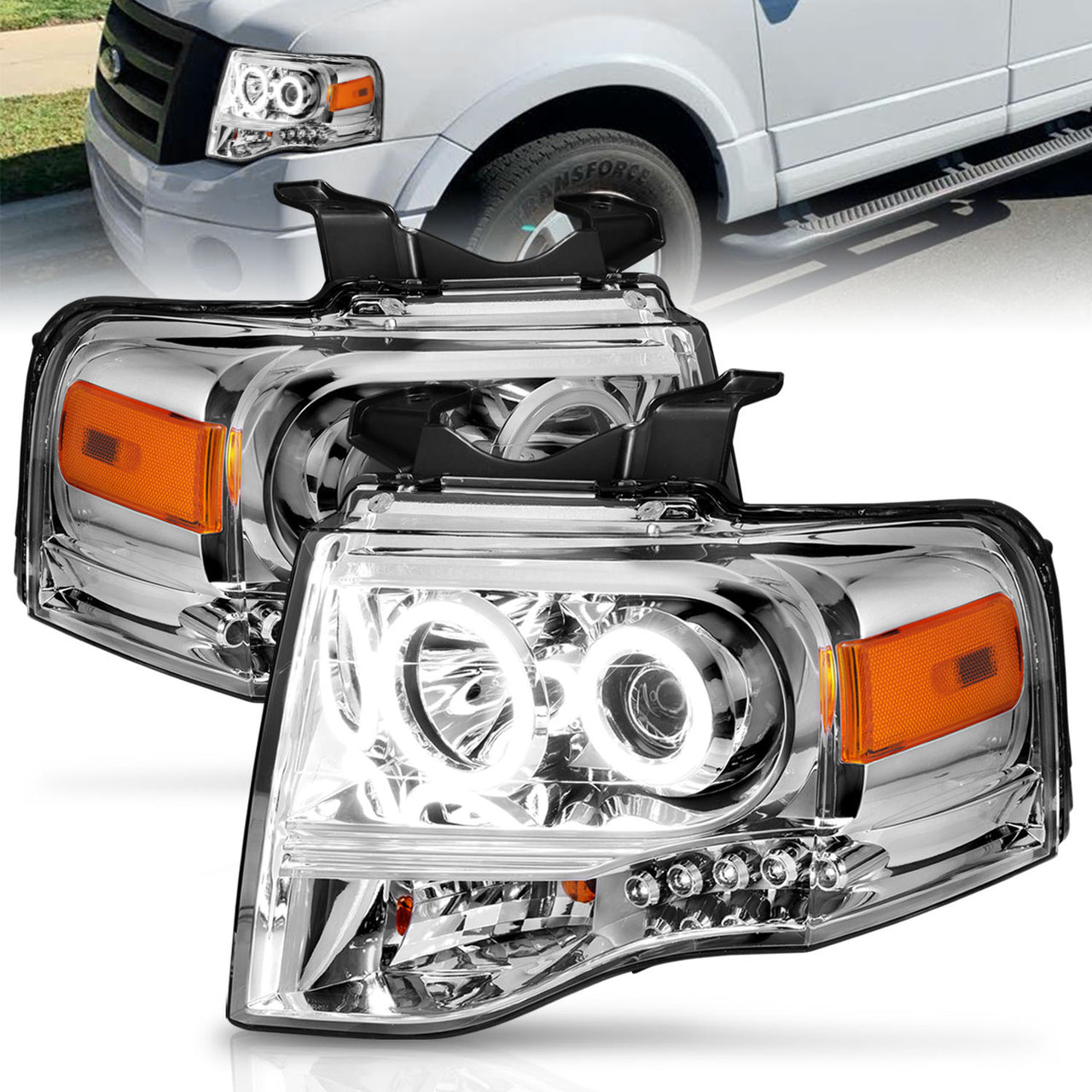 FORD EXPEDITION 07-08 PROJECTOR HEADLIGHTS CHROME CLEAR AMBER (RX HALO)