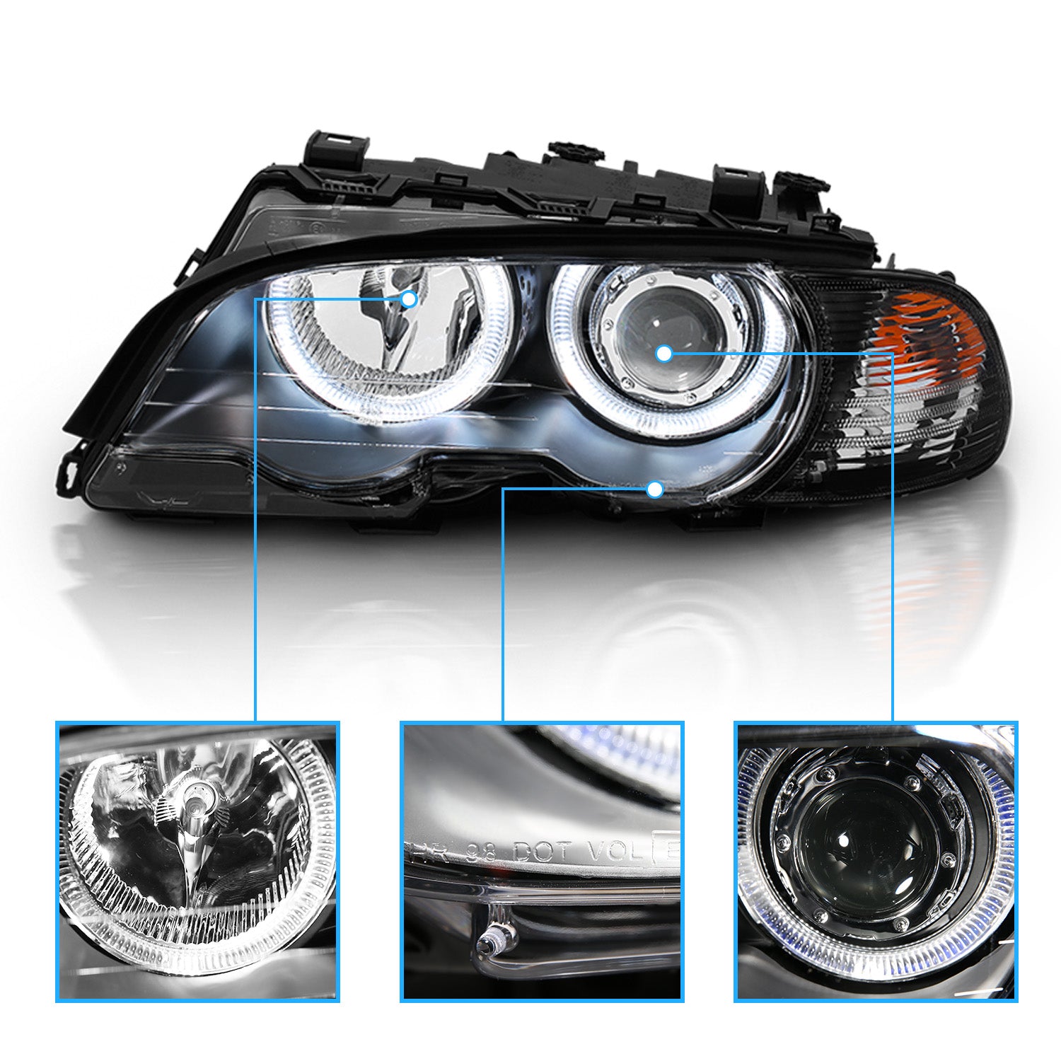 BMW 3 SERIES E46 (M3) 99-01 2DR PROJECTOR HEADLIGHTS W/ CORNER LIGHTS HALO BLACK CLEAR
