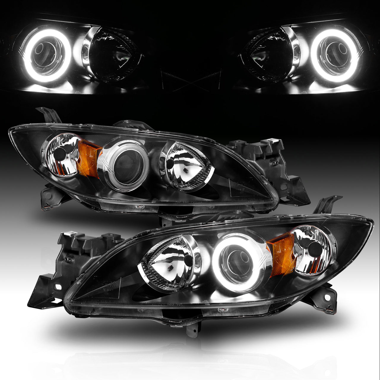 MAZDA 3 04-07 4DR PROJECTOR HEADLIGHTS HALO BLACK CLEAR AMBER (SUPER WHITE)