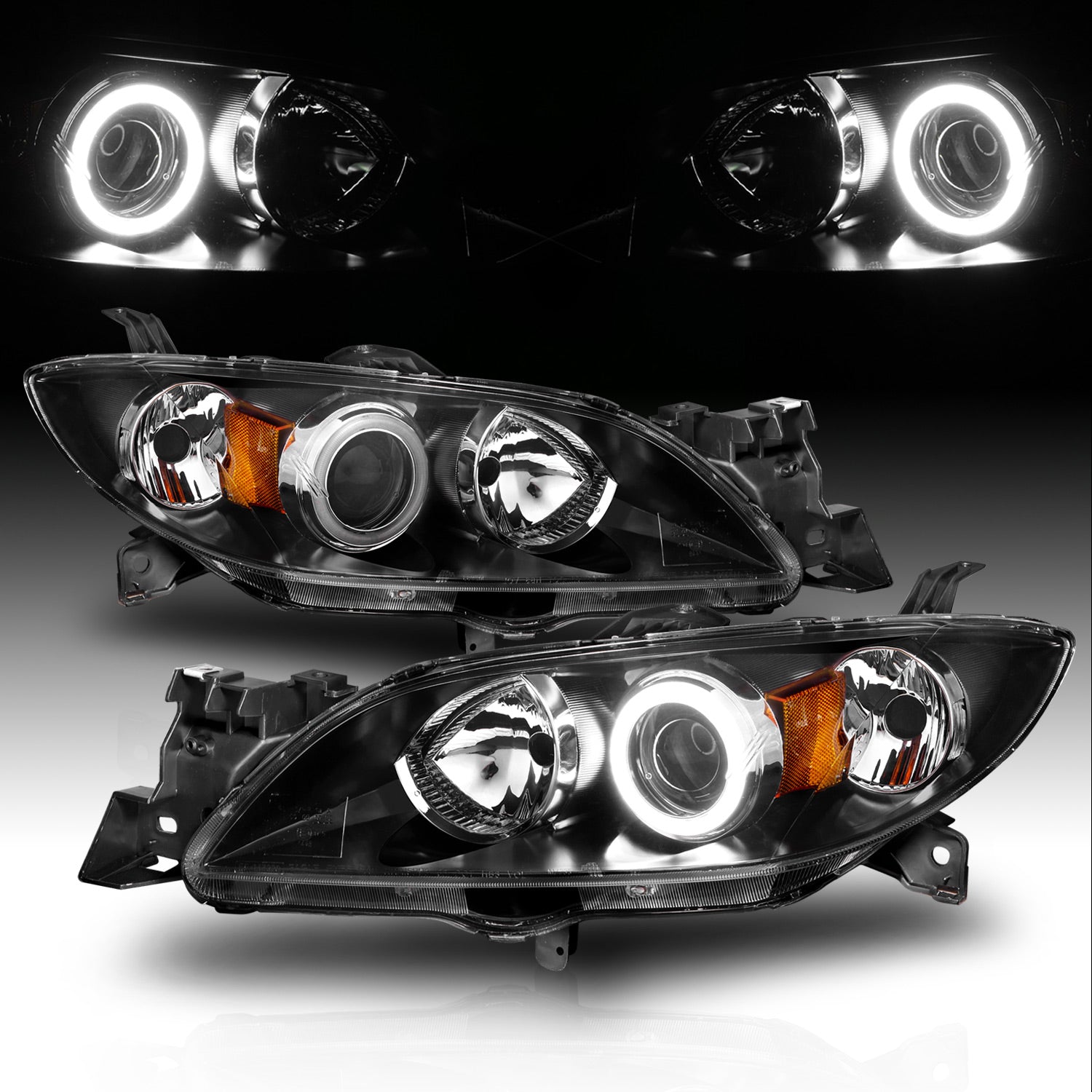 MAZDA 3 04-07 4DR PROJECTOR HEADLIGHTS HALO BLACK CLEAR AMBER (SUPER WHITE)