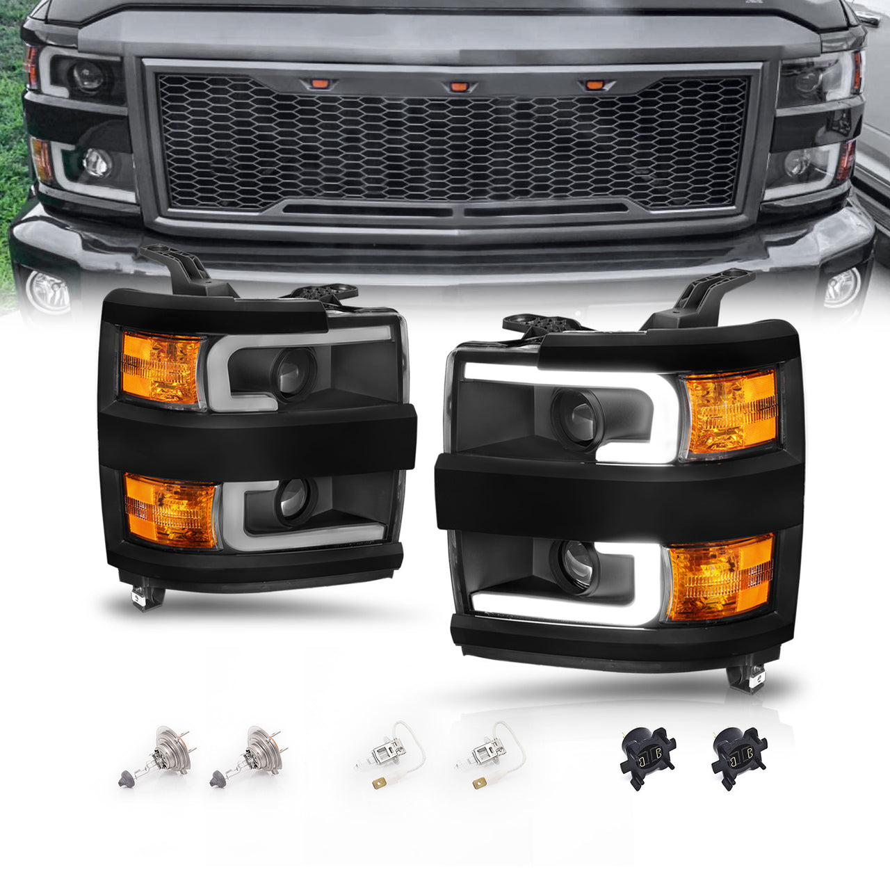 CHEVY SILVERADO 2500HD/3500HD 15-17 PROJECTOR LIGHT BAR STYLE HEADLIGHTS BLACK AMBER (BLACK RIM)