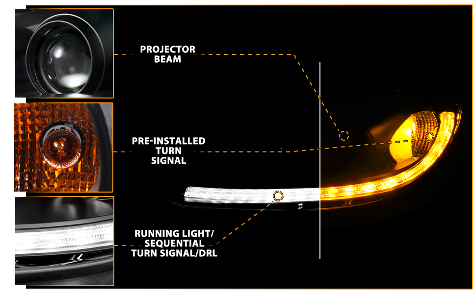 CHEVY CORVETTE 05-13 PROJECTOR SEQUENTIAL LIGHT BAR HEADLIGHTS BLACK AMBER(W/ DRL)(W/O HID KITS)