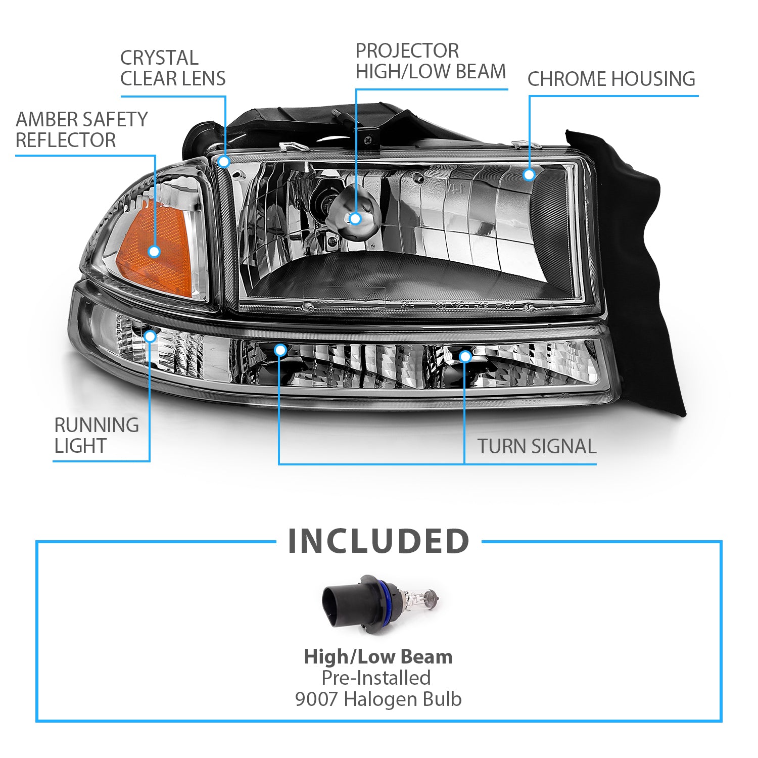 DODGE DAKOTA/DURANGO 97-04/98-03 HEADLIGHTS SET CRYSTAL AMBER