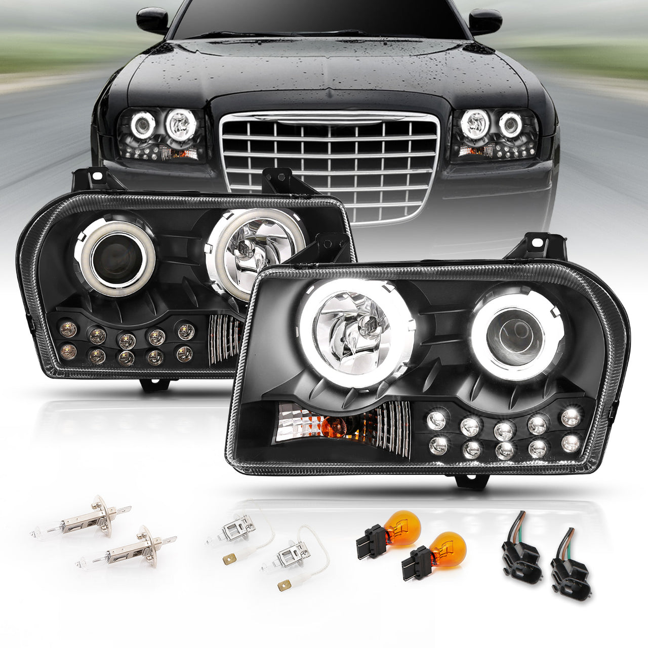 CHRYSLER 300 (05:2.7L,3.5L ENG)/(07-10:W/O DELAY OPTION) 05-10 PROJECTOR HEADLIGHTS HALO LED BLACK (RX HALO)