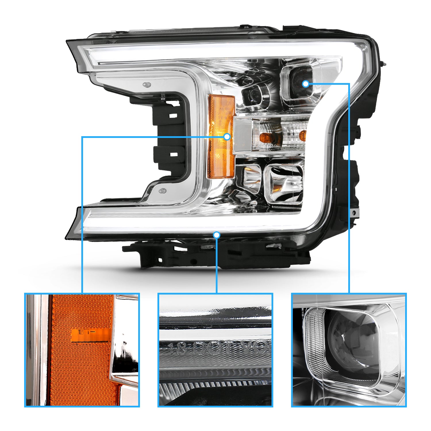 FORD F-150 18-20 PROJECTOR LIGHT BAR STYLE HEADLIGHTS CHROME AMBER