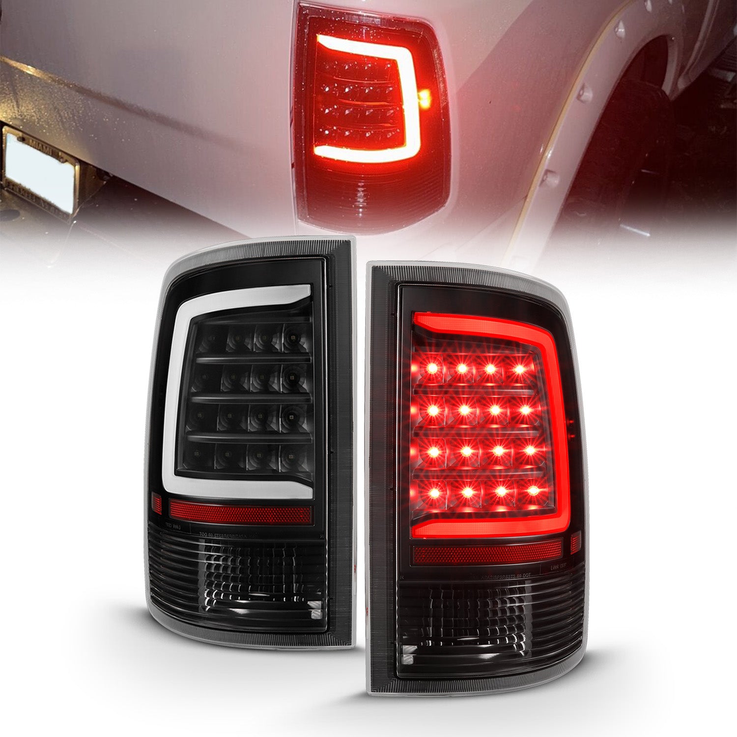 DODGE RAM 1500 09-18/ 2500 3500 10-18 LED TAIL LIGHTS BLACK HOUSING CLEAR LENS W/ C LIGHT BAR (NOT COMPATIBLE W/ ORIGINAL LED VERSION)