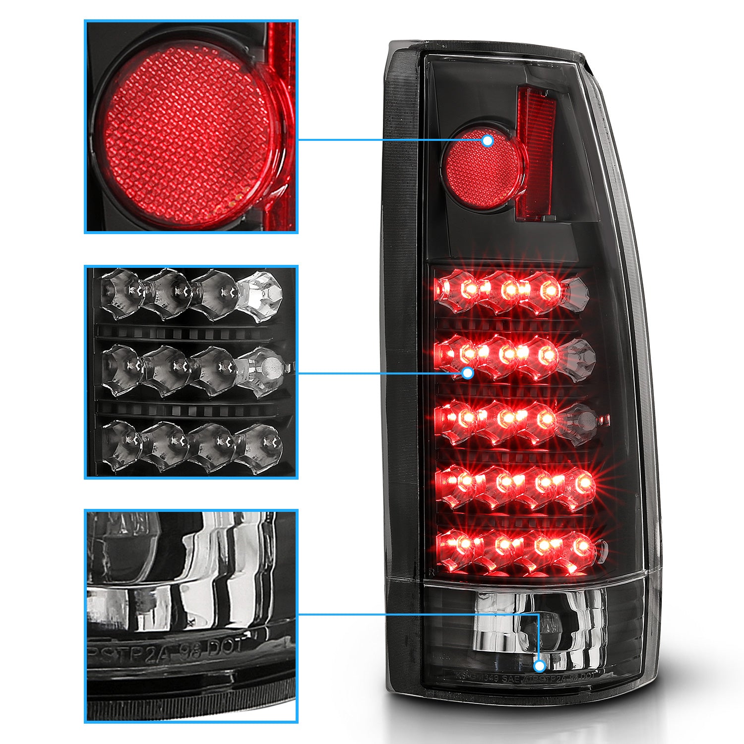 CADILLAC ESCALADE 99-00/CHEVY CK 88-02/SUBURBAN 92-99/TAHOE 92-00/BLAZER 92-00/GMC SIERRA 92-00/YUKON 92-00 LED TAIL LIGHTS BLACK HOUSING CLEAR LENS