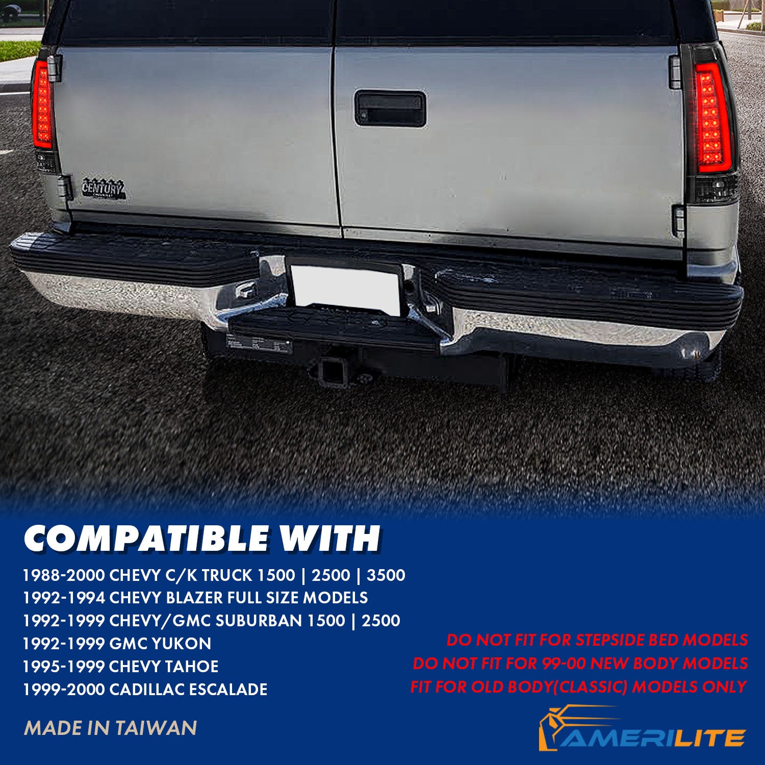 Chevy/GMC C/K 1500/2500/3500 88-99, SUBURBAN/YUKON 92-00, TAHOE 94-00, BLAZER 92-94, CADILLAC ESCALADE 99-00 LED C-BAR TAIL LIGHTS BLACK HOUSING CLEAR LENS