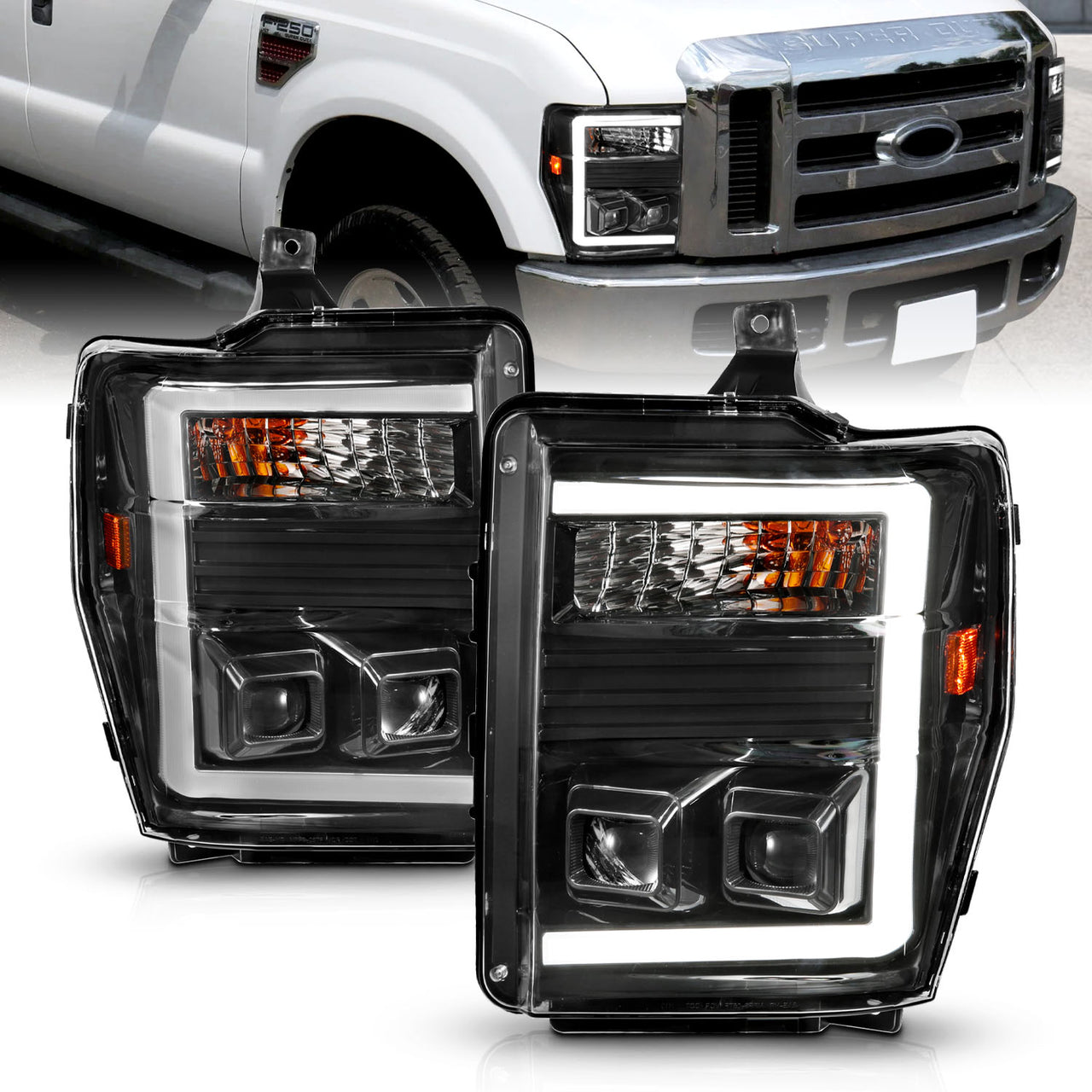 FORD SUPER DUTY 08-10 PROJECTOR HEADLIGHT  BLACK HOUSING CLEAR LENS W/ LIGHT BAR
