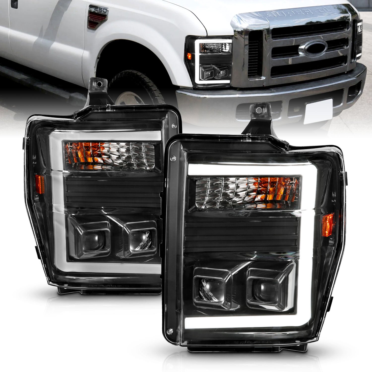 FORD SUPER DUTY 08-10 PROJECTOR HEADLIGHT  BLACK HOUSING CLEAR LENS W/ LIGHT BAR