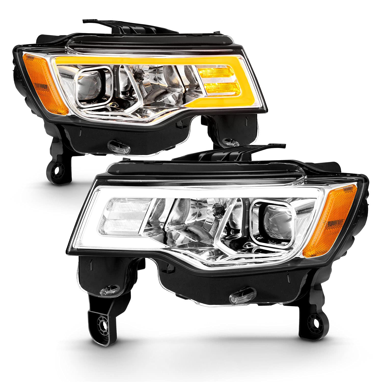 JEEP GRAND CHEROKEE 17-18 HEADLIGHTS PROJECTOR LIGHT BAR STYLE SWITCHBACK HEADLIGHTS CHROME AMBER