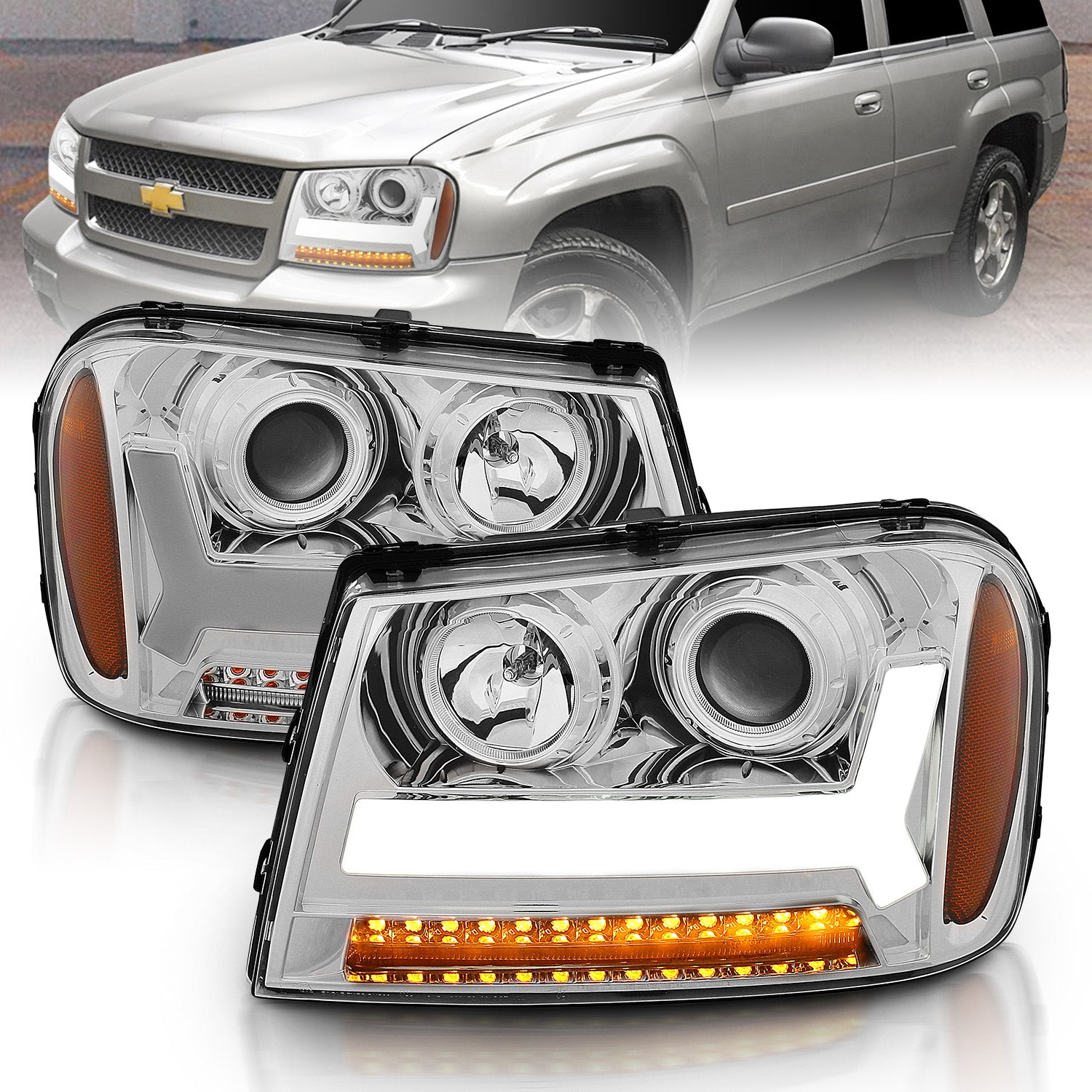 CHEVY TRAILBLAZER LT 06-09 / LS 08 PROJECTOR LIGHT BAR STYLE HEADLIGHTS CHROME AMBER