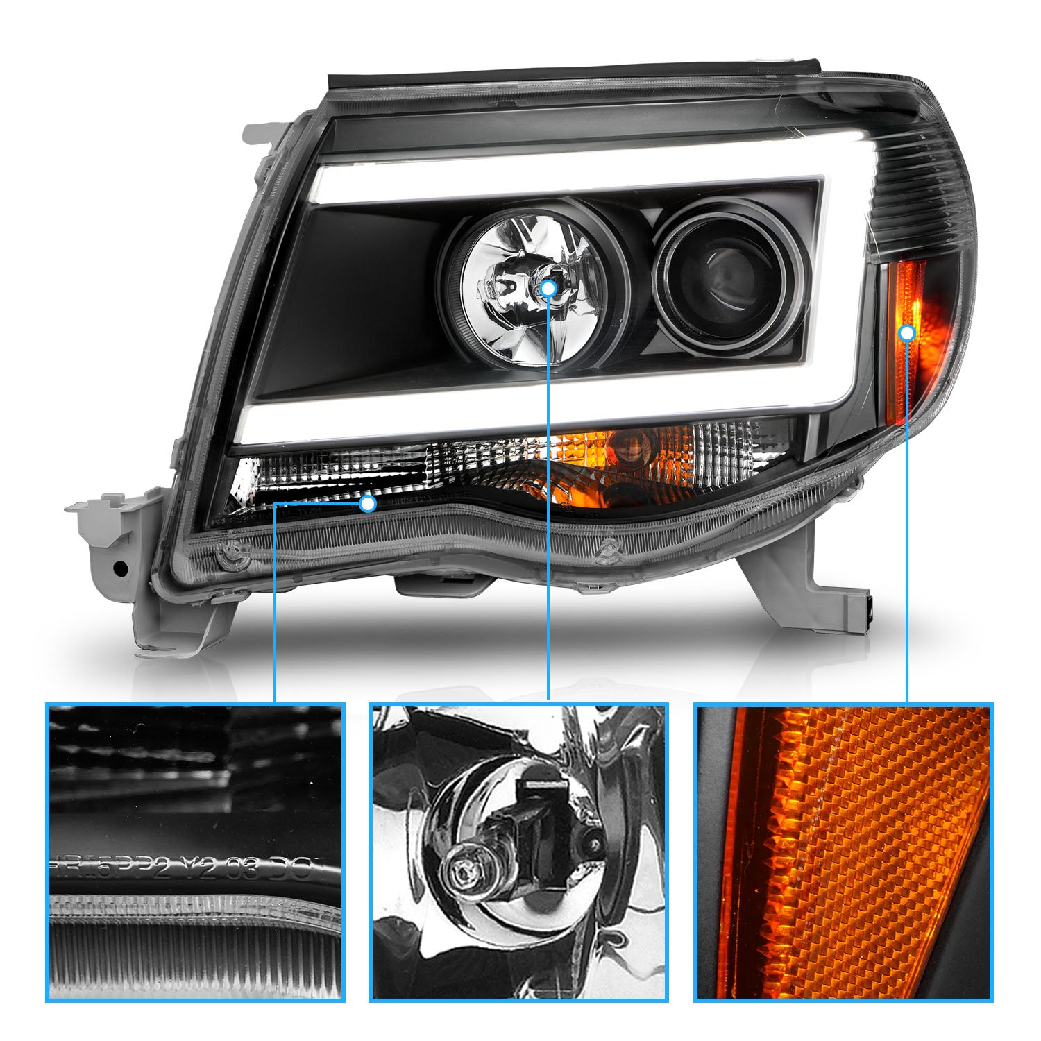 TOYOTA TACOMA 05-11 PROJECTOR LIGHT BAR STYLE HEADLIGHTS BLACK CLEAR AMBER  (W/ C LIGHT BAR)