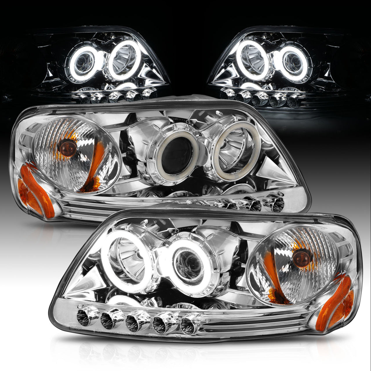 FORD F-150 97-04 (01-04: XL/XLT/LARIAT MODEL: W/O STX OR HERITAGE EDITION) PROJECTOR HEADLIGHTS HALO LED CHROME CLEAR AMBER (RX HALO)