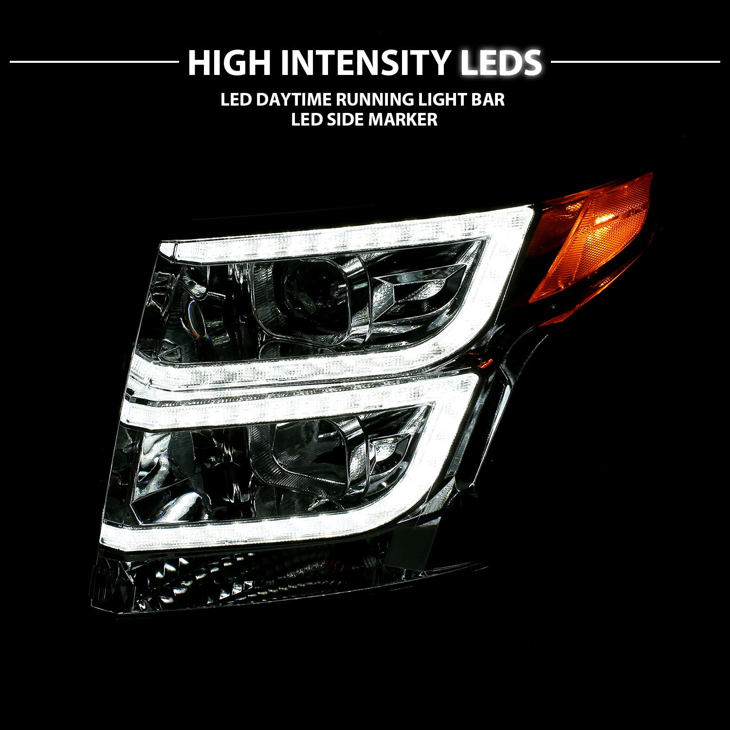 CHEVY TAHOE/SUBURBAN 15-19 PROJECTOR LIGHT BAR STYLE HEADLIGHTS CHROME AMBER (W/ DRL)