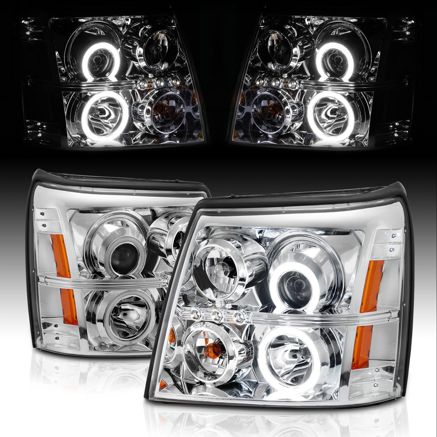 CADILLAC ESCALADE 03-06/ESCALADE ESV 03-06 PROJECTOR HEADLIGHTS HALO CHROME CLEAR AMBER (OEM HID COMPATIBLE) (RX HALO)